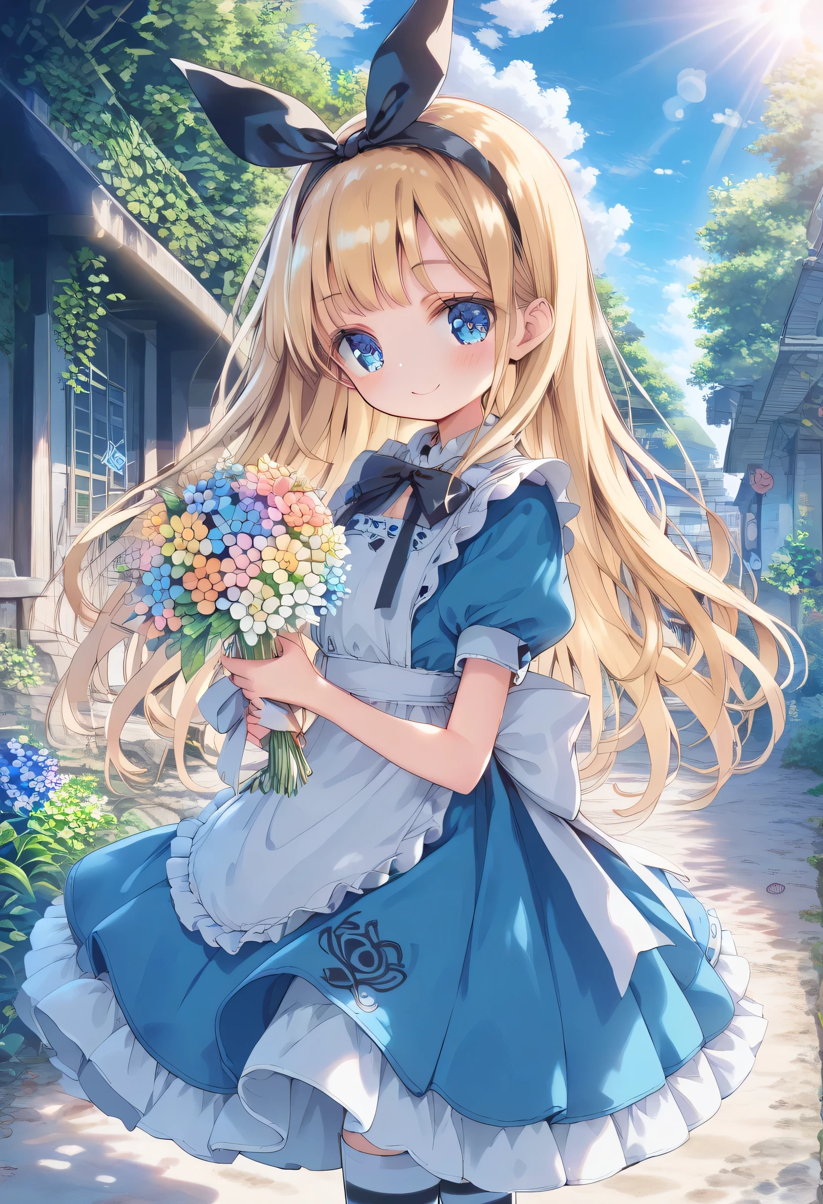 [   WAI-ANI-NSFW-PONYXL  :100],
score_9, score_8_up, score_7_up, score_6_up, score_5_up, score_4_up, masterpiece, best quality, source_anime,
alone,cute 1girl,(loli:1.3),blonde hair,straight long hair,blunt bangs,Black ribbon hairband,blue eyes,blush, smile,( Alice in Wonderland costume ), black and white striped stockings,pastel hues,walking in the seaside path,blurred edges,nostalgic mood,(dappled sunlight:1.2),blurry,(depth of field:1.1),Delicate rural landscape ,blue sky,arched back、 beautiful flower field on one side 、Look down and smile、 lift skirt after 、(beautiful detailed eyes), model pose,(Holding a bouquet)