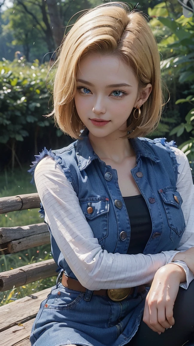 Android 18 da dragon ball,(best qualityer,4K,8k,high resolution,work of art:1.2)(weather: raining), Mondstadt forest background, forest road, black top, striped sleeves, cropped open denim vest, belt, tight denim mini skirt, black pantyhose, brown boots, loop earrings, cheek mole, short straight hair, short blonde hair, ultra detailed, realistic, portrait,beautiful detailed sapphire blue eyes, glowing eyes,blush,beautiful detailed lips,extremely detailed eye and face, long eyelashes,sexy,average, large breasts,beaming smile, flirty smile, powerful girl, stretching pose, stunning curves, bright coloured, dramatic lighting, forest ruins, wet clothes,