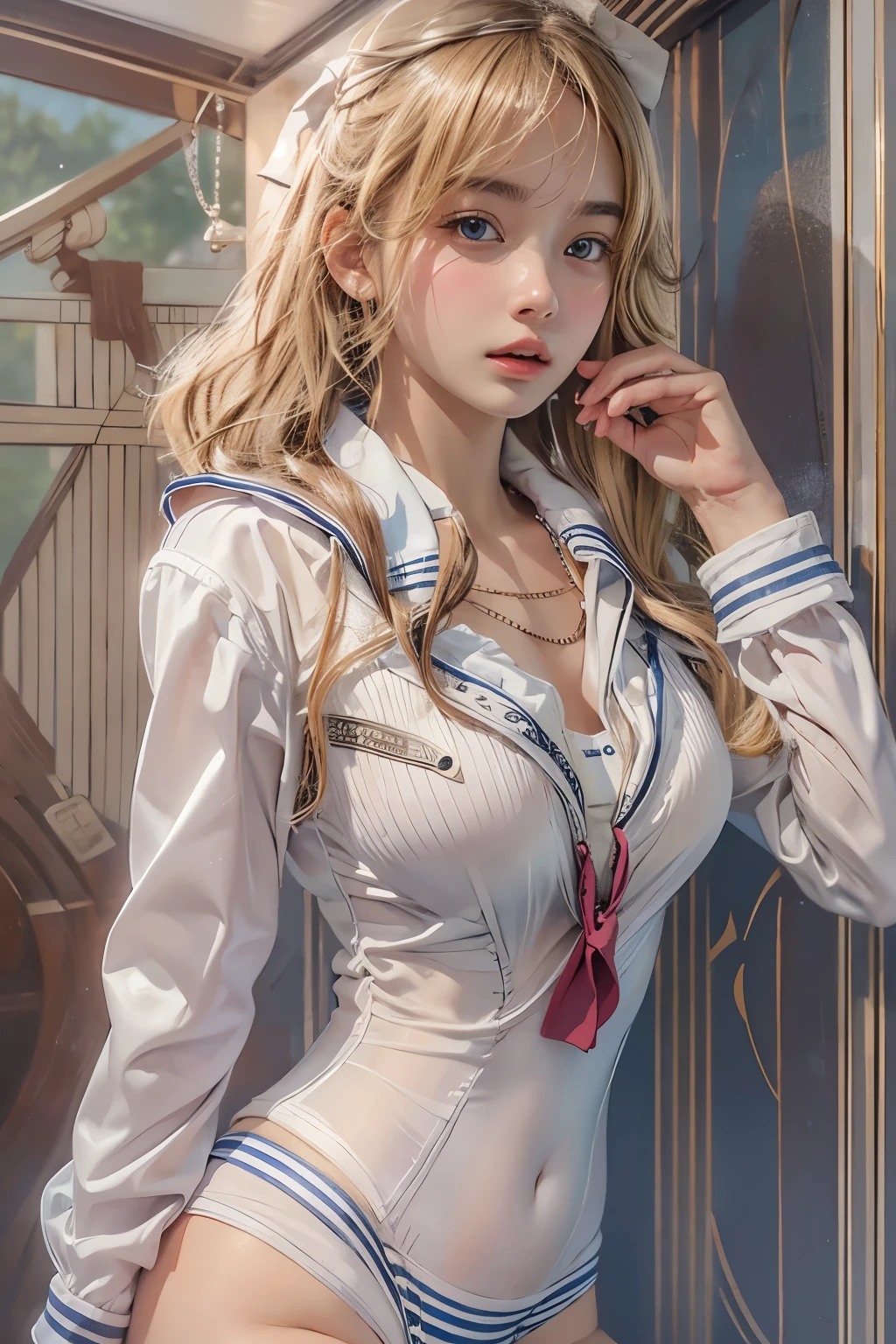 masuter piece, best qualtiy, (realisitic, Photorealsitic:1.37), ((独奏)), 8K image quality, Extremely delicate and beautiful, splendid, Official art with attention to detail, Ridiculous, Unbelievably ridiculous, huge filesize, ultra-detailliert, ighly detailed, (Petite and cute girl), (detailed girl), extremely detailed eye and face, Beautiful detailed eyes, Light makeup,, (Slender and perfect female figure), tiny chest, Slim waist, small ass, ((fullllbody)), ((Put the head in the frame)),  ((a sailor)), (a sailor suit), (Sailor Pants), (Sailor Hut), At the port, Blonde hair, ssmile,