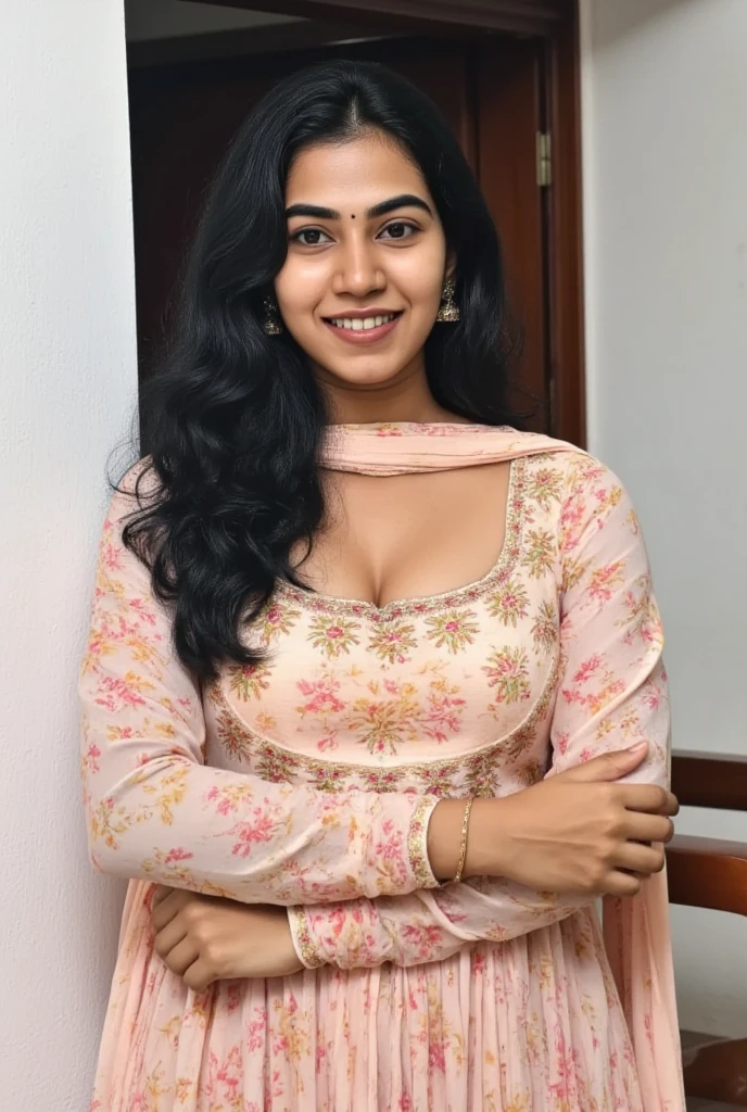 Photo of Kerala  mallu female teacher with fair Indian skin tone and black long hair.curvy chubby body figure. Wearing salwar in kerala outdoor. Full size photo. Detailed photo. Realistic photo. Photo taken in nikon camera.face looking straight.