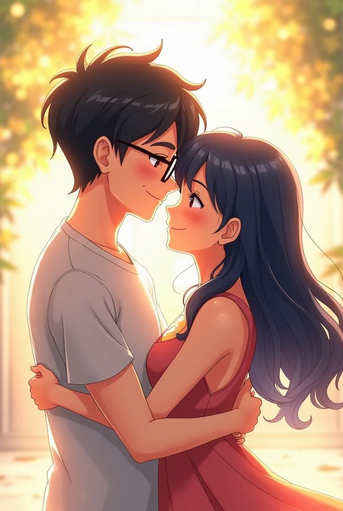 Short long black haired woman with glasses hugging a man with messy black hair without a beard