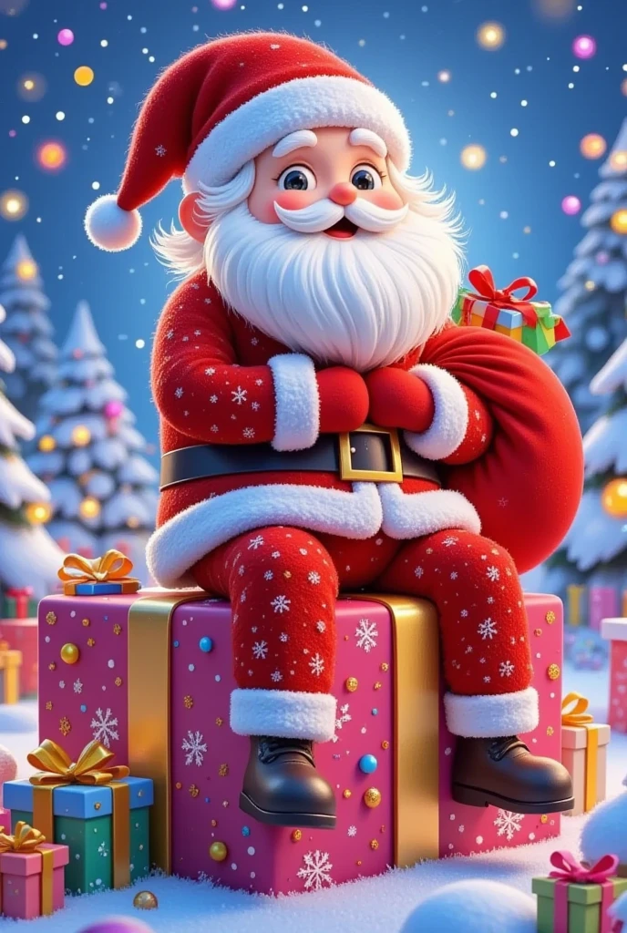 A Christmas movie poster ， Santa sitting on a present,Carrying cloth bag， [Christmas Eve, LED，flash，Starlight