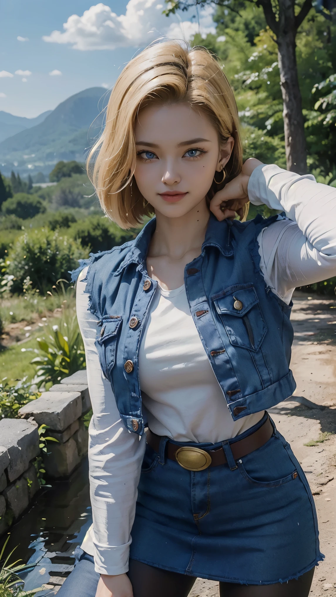 Android 18 da dragon ball,(best qualityer,4K,8k,high resolution,work of art:1.2)(weather: raining), Mondstadt forest background, forest road, black top, striped sleeves, cropped open denim vest, belt, tight denim mini skirt, black pantyhose, brown boots, loop earrings, cheek mole, short straight hair, short blonde hair, ultra detailed, realistic, portrait,beautiful detailed sapphire blue eyes, glowing eyes,blush,beautiful detailed lips,extremely detailed eye and face, long eyelashes,sexy,average, large breasts,beaming smile, flirty smile, powerful girl, stretching pose, stunning curves, bright coloured, dramatic lighting, forest ruins, wet clothes,