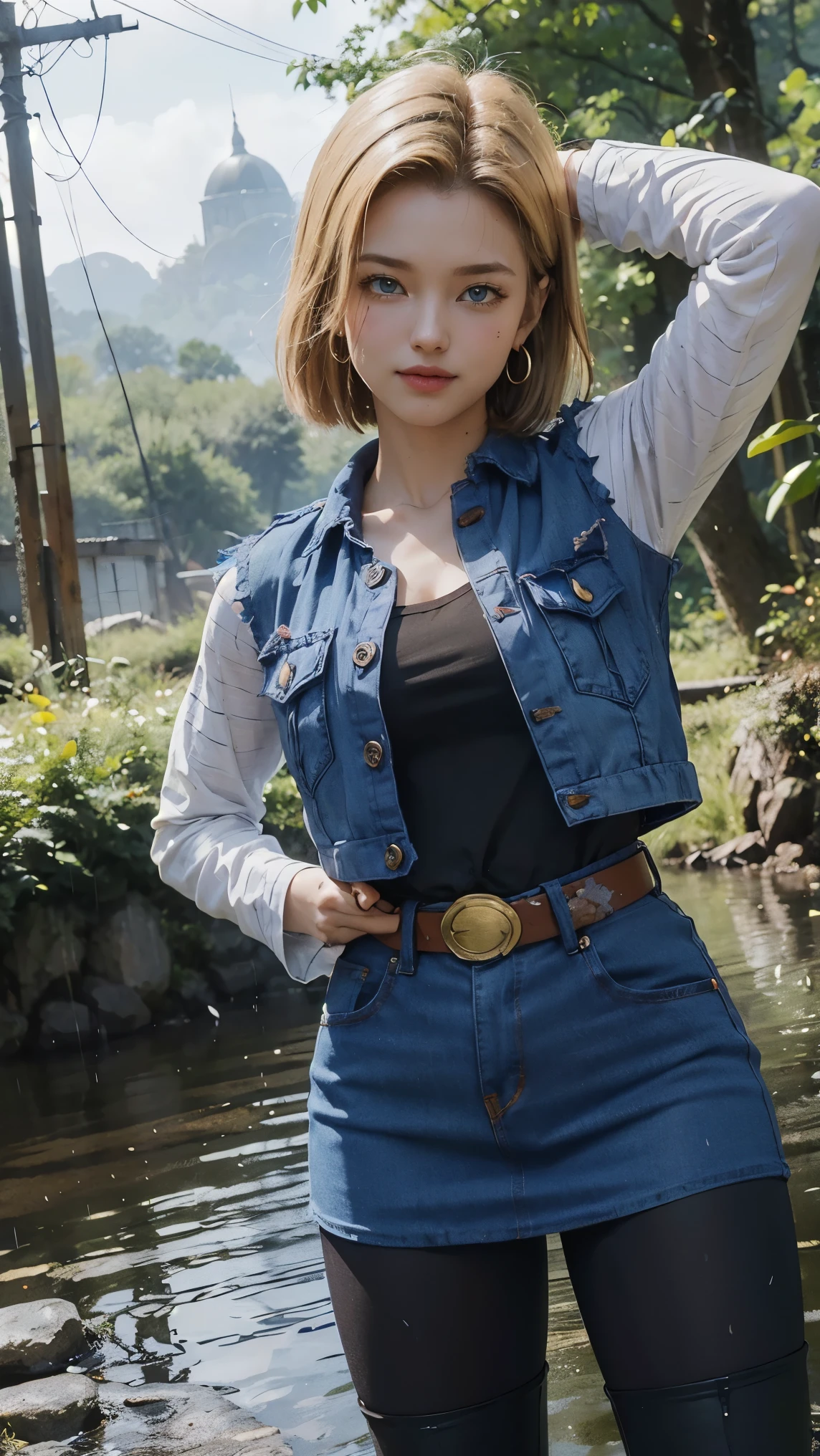 Android 18 da dragon ball,(best qualityer,4K,8k,high resolution,work of art:1.2)(weather: raining), Mondstadt forest background, forest road, black top, striped sleeves, cropped open denim vest, belt, tight denim mini skirt, black pantyhose, brown boots, loop earrings, cheek mole, short straight hair, short blonde hair, ultra detailed, realistic, portrait,beautiful detailed sapphire blue eyes, glowing eyes,blush,beautiful detailed lips,extremely detailed eye and face, long eyelashes,sexy,average, large breasts,beaming smile, flirty smile, powerful girl, stretching pose, stunning curves, bright coloured, dramatic lighting, forest ruins, wet clothes,