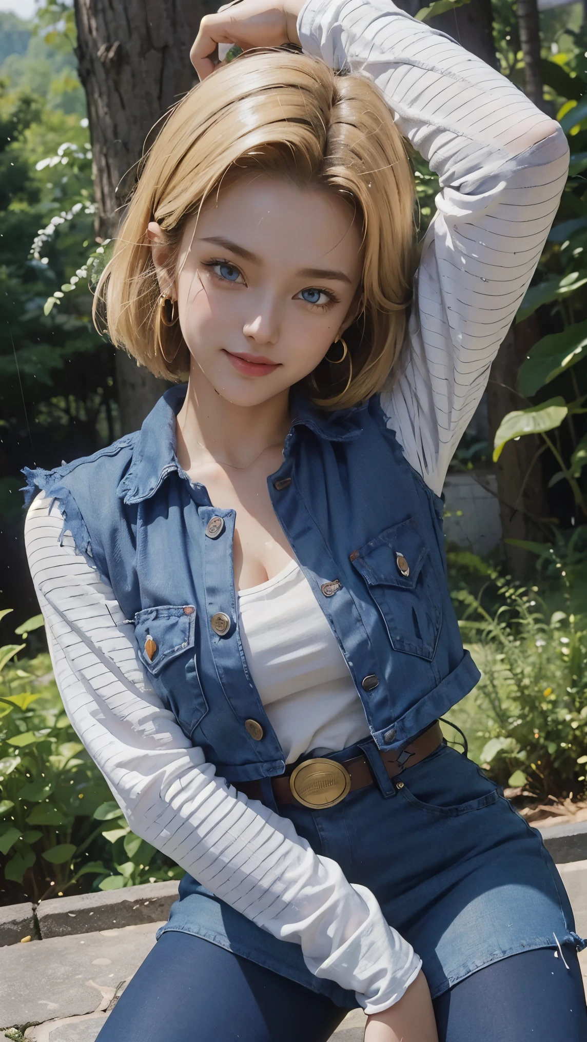 Android 18 da dragon ball,(best qualityer,4K,8k,high resolution,work of art:1.2)(weather: raining), Mondstadt forest background, forest road, black top, striped sleeves, cropped open denim vest, belt, tight denim mini skirt, black pantyhose, brown boots, loop earrings, cheek mole, short straight hair, short blonde hair, ultra detailed, realistic, portrait,beautiful detailed sapphire blue eyes, glowing eyes,blush,beautiful detailed lips,extremely detailed eye and face, long eyelashes,sexy,average, large breasts,beaming smile, flirty smile, powerful girl, stretching pose, stunning curves, bright coloured, dramatic lighting, forest ruins, wet clothes,