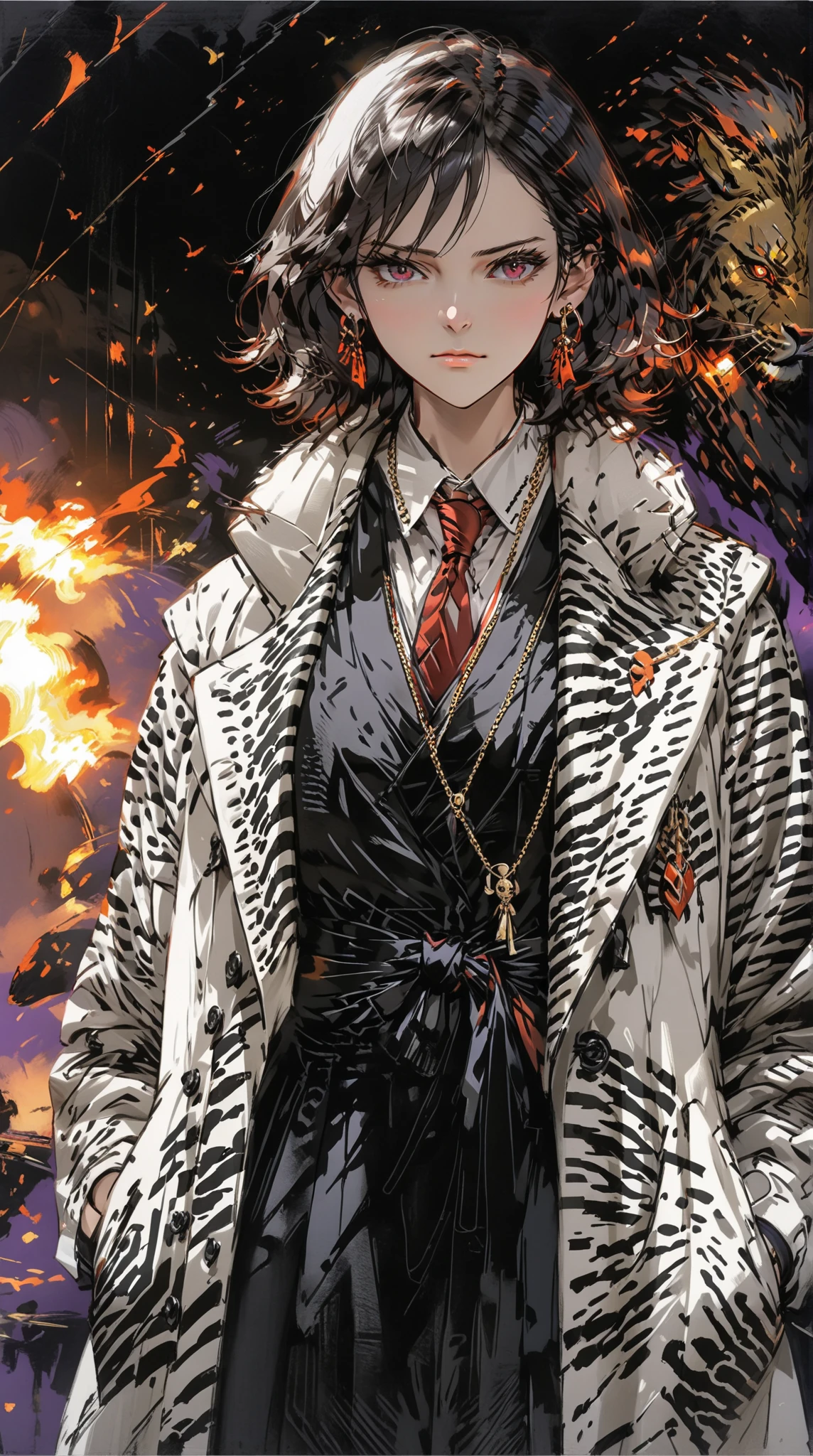 score_9, score_8_up, score_7_up, score_6_up, masterpiece, best quality, intricate details, 1girl, skinny, tall, curly bob cut hair \(white highlight, zigzag pattern\), earrings, old, mature, large fur coat \(fluffy, zebra pattern\), vest, red necktie, long slack pants, full body, standing, angry stare, one glowing red eye, one dark brown eye, skull necklace, low angle, purple fire, dark environment, purple light