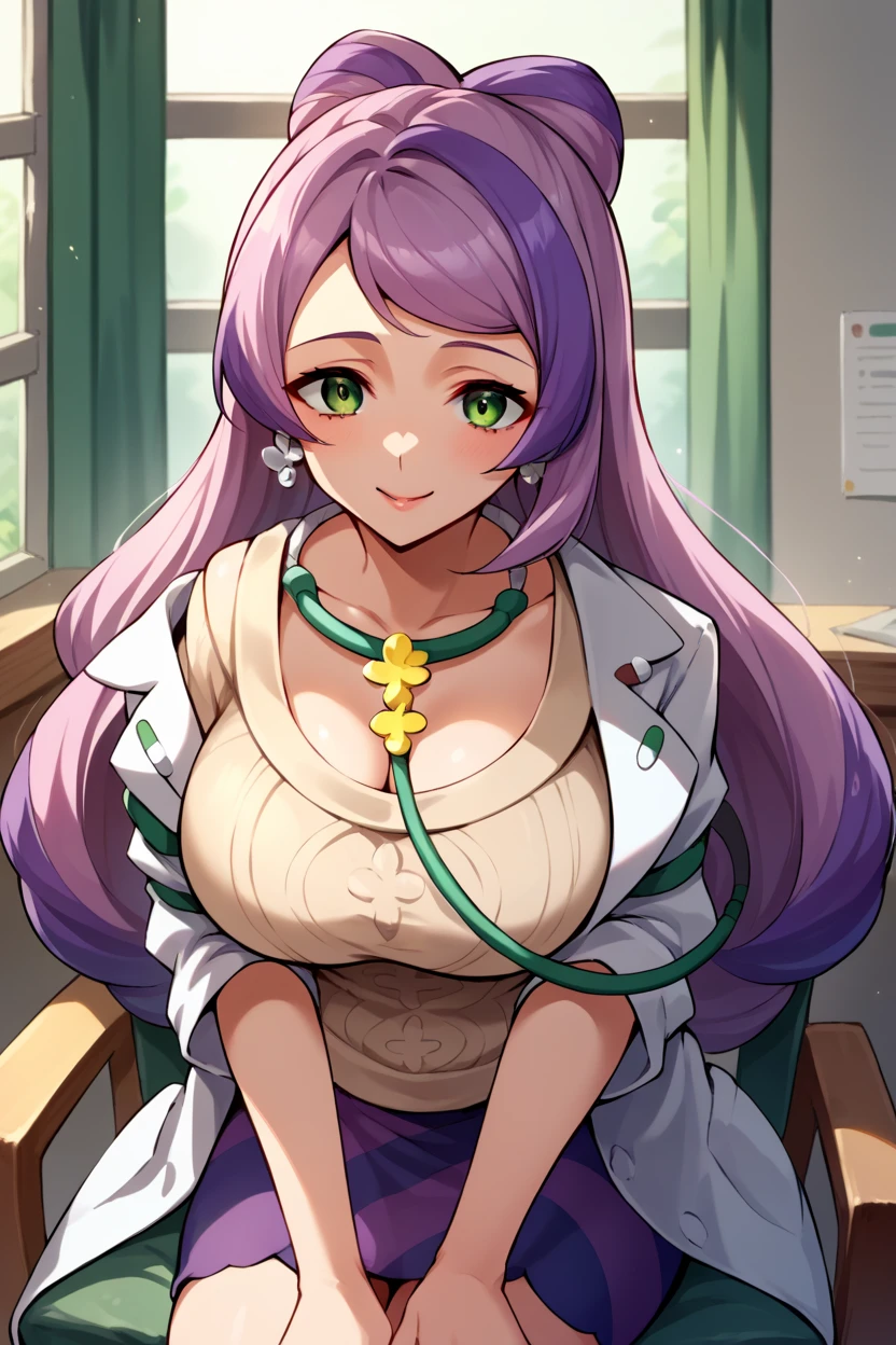 score_9, score_8_up, score_7_up, score_6_up, source_anime BREAK 1girl,  miriam, green eyes, multicolored hair, earrings, labcoat, stethoscope, sweater, cleavage, purple skirt, striped skirt, large breasts, looking at you, happy, upper body, sitting, chair, doctor's office