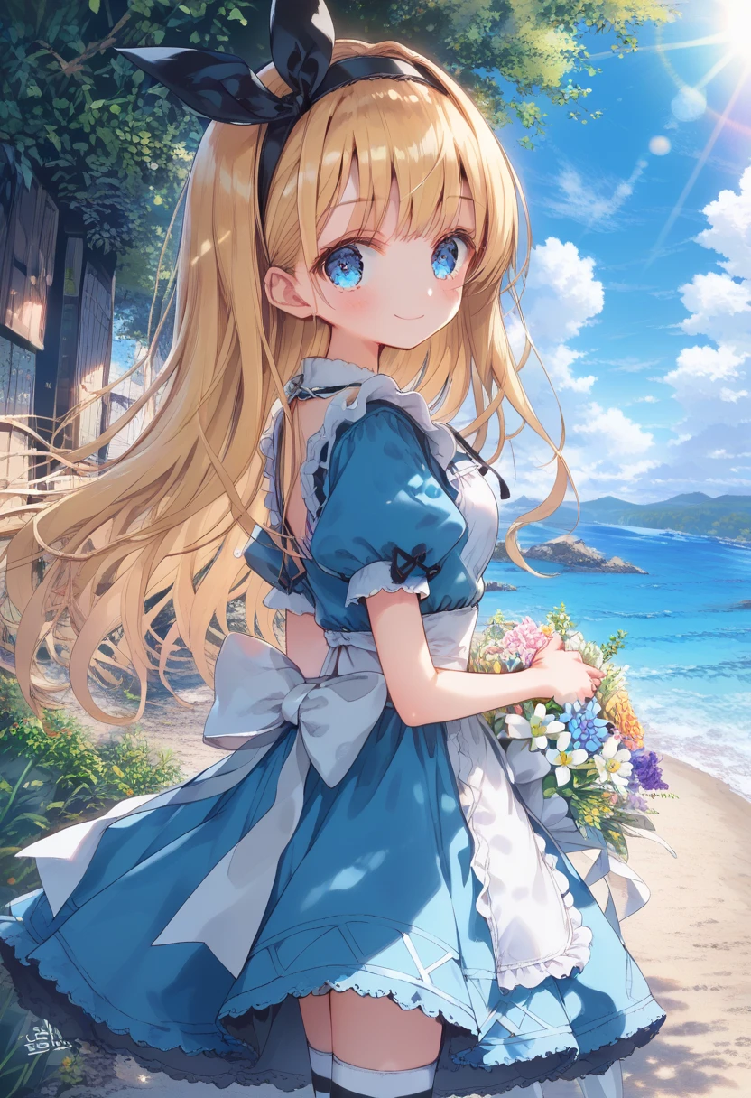 [   WAI-ANI-NSFW-PONYXL  :100],
score_9, score_8_up, score_7_up, score_6_up, score_5_up, score_4_up, masterpiece, best quality, source_anime,
alone,cute 1girl,(loli),blonde hair,straight long hair,blunt bangs,Black ribbon hairband,blue eyes,blush, smile,( Alice in Wonderland costume ), black and white striped stockings,pastel hues,walking in the seaside path,blurred edges,nostalgic mood,(dappled sunlight:1.2),blurry,(depth of field:1.1),Delicate rural landscape ,blue sky,arched back、 beautiful flower field on one side 、Look down and smile、 lift skirt after 、(beautiful detailed eyes),(I have a delicate and beautiful bouquet)