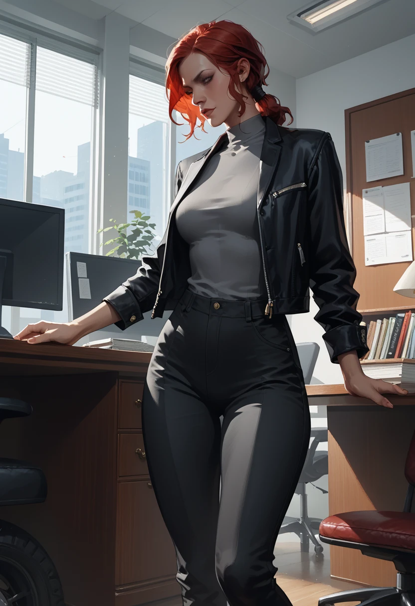 Score_9, score_8_up, score_7_up, 1woman, Courtney Hope, red hair, in low loose ponytail, fitted 3/4 cropped black jacket, tight grey shirt, skin-tight black pants, motorcycle boots, interior of 1950s office, brutalist white architecture and design elements, J3sse