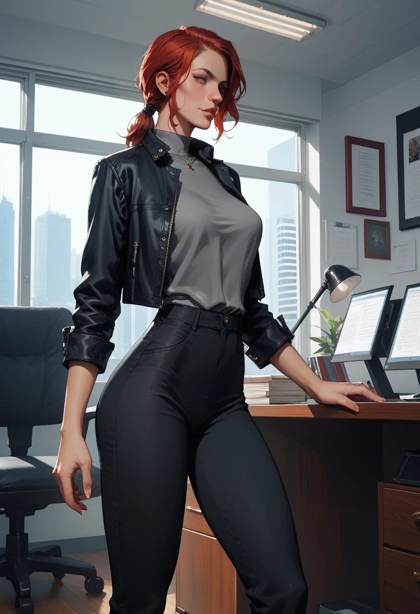 Score_9, score_8_up, score_7_up, 1woman, Courtney Hope, red hair, in low loose ponytail, fitted 3/4 cropped black jacket, tight grey shirt, skin-tight black pants, motorcycle boots, interior of 1950s office, brutalist white architecture and design elements, J3sse