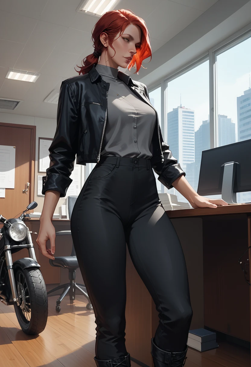 Score_9, score_8_up, score_7_up, 1woman, Courtney Hope, red hair, in low loose ponytail, fitted 3/4 cropped black jacket, tight grey shirt, skin-tight black pants, motorcycle boots, interior of 1950s office, brutalist white architecture and design elements, J3sse