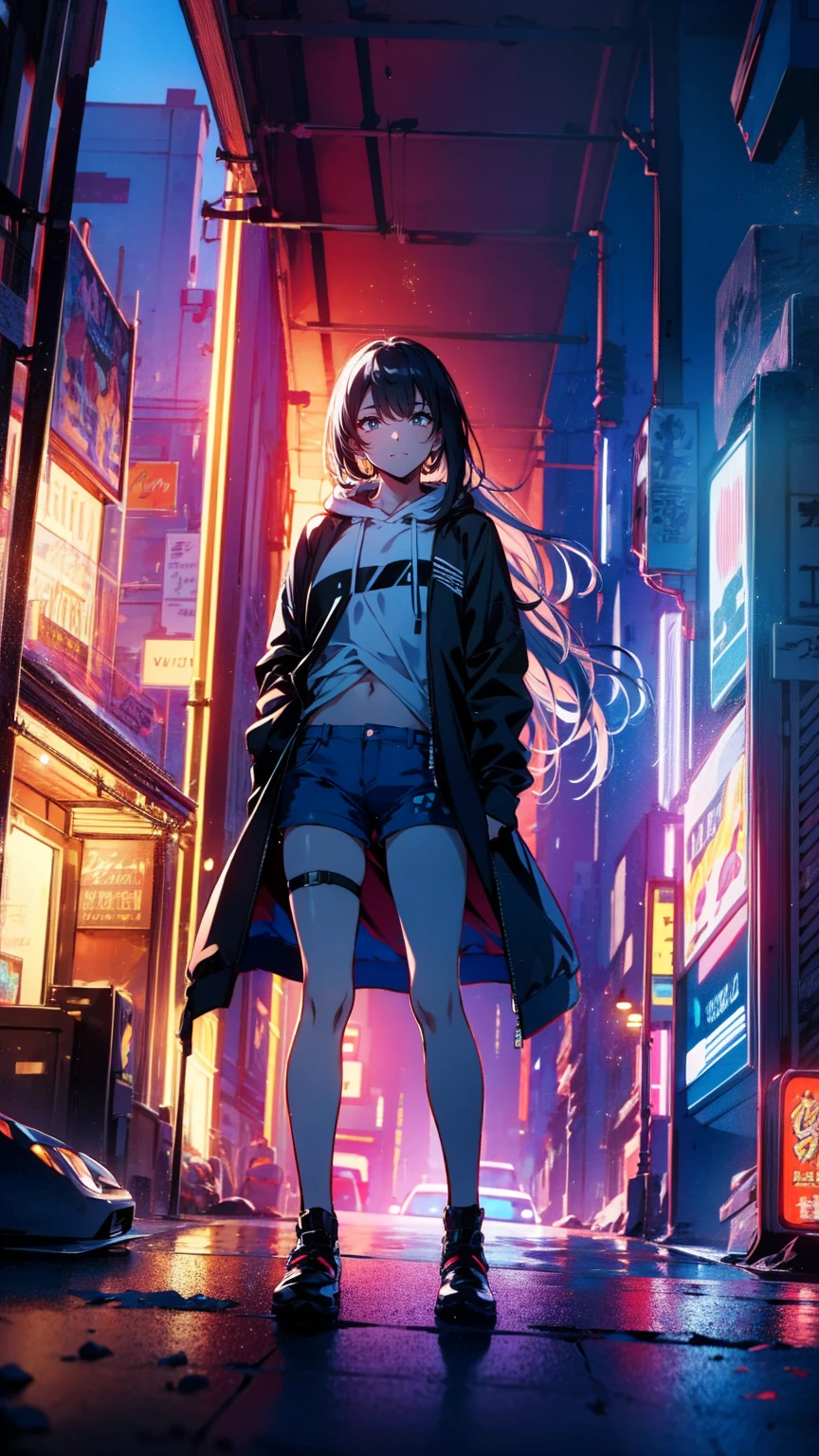  WOMAN WITH LONG HAIR AND OVERWEAR STANDING ON THE STREET ,  Cyberpunk Anime Girl Hoodie Wearing ,  city girl fan art  ,  torn clothes,  anime style , 美しい  frame position  ワーク, Style Ross Tran  ,  Bray Shorts Streetwear  ,  frame position  . @mariomaniacdude,  realistic anime 3d style  ,  Vibrant Ross Draw Cartoons standing to the left of their angle of view ,  belly button exposed ,  anime atmosphere 
