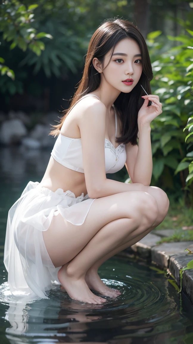 8k, raw, Perfect light effect, psychedelic forest, small earrings，necklace，beauty, Pubic protrusion, Slender legs, White and tender skin, White transparent jewelry embellished hollow one-piece, big breasts,split，Look through the clothes，poke nipples，Open shirt with hands、spread legs、pubic hair is visible、panties are visible、Vagina shape is visible、The body is wet with water、Exquisitehands