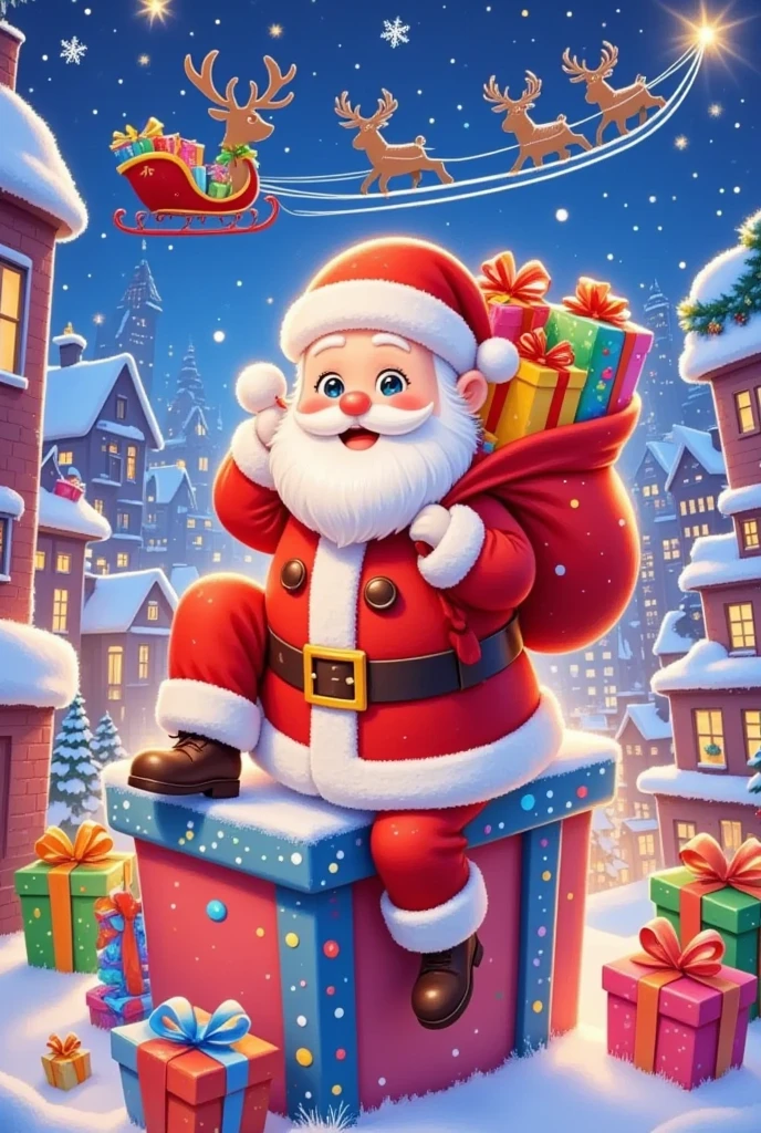 A Christmas movie poster ， Santa sitting on a present,Carrying cloth bag， [Christmas Eve, LED，flash，Starlight， night view of the city，A reindeer in the air pulls a sleigh