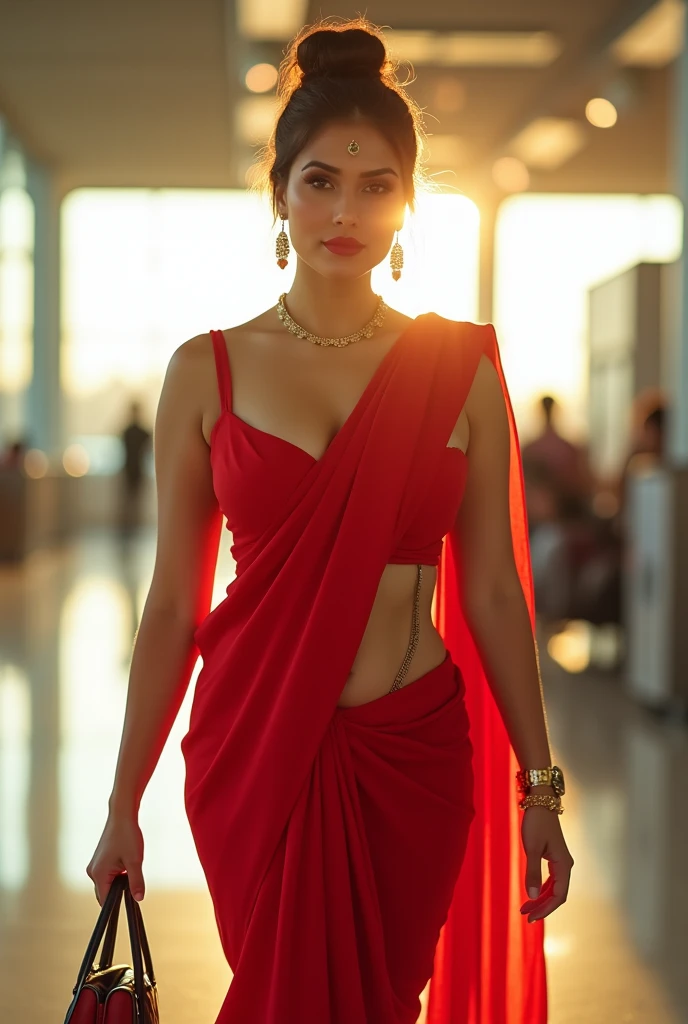 Red saree and red sleeveless blouse, busty navel, busty body, brownish hair bun,thin waist chain, fit and busty woman, showing navel visible in saree, sexy navel, walking in airport, bright sunny day, sunrays penetrating, airport back ground, carrying hand bag in right hand, gold watch, bindi in forehead, earrings, sexy makeup, navel exposed in saree, tight body, curvy body, red lips, attractive woman, 8k details