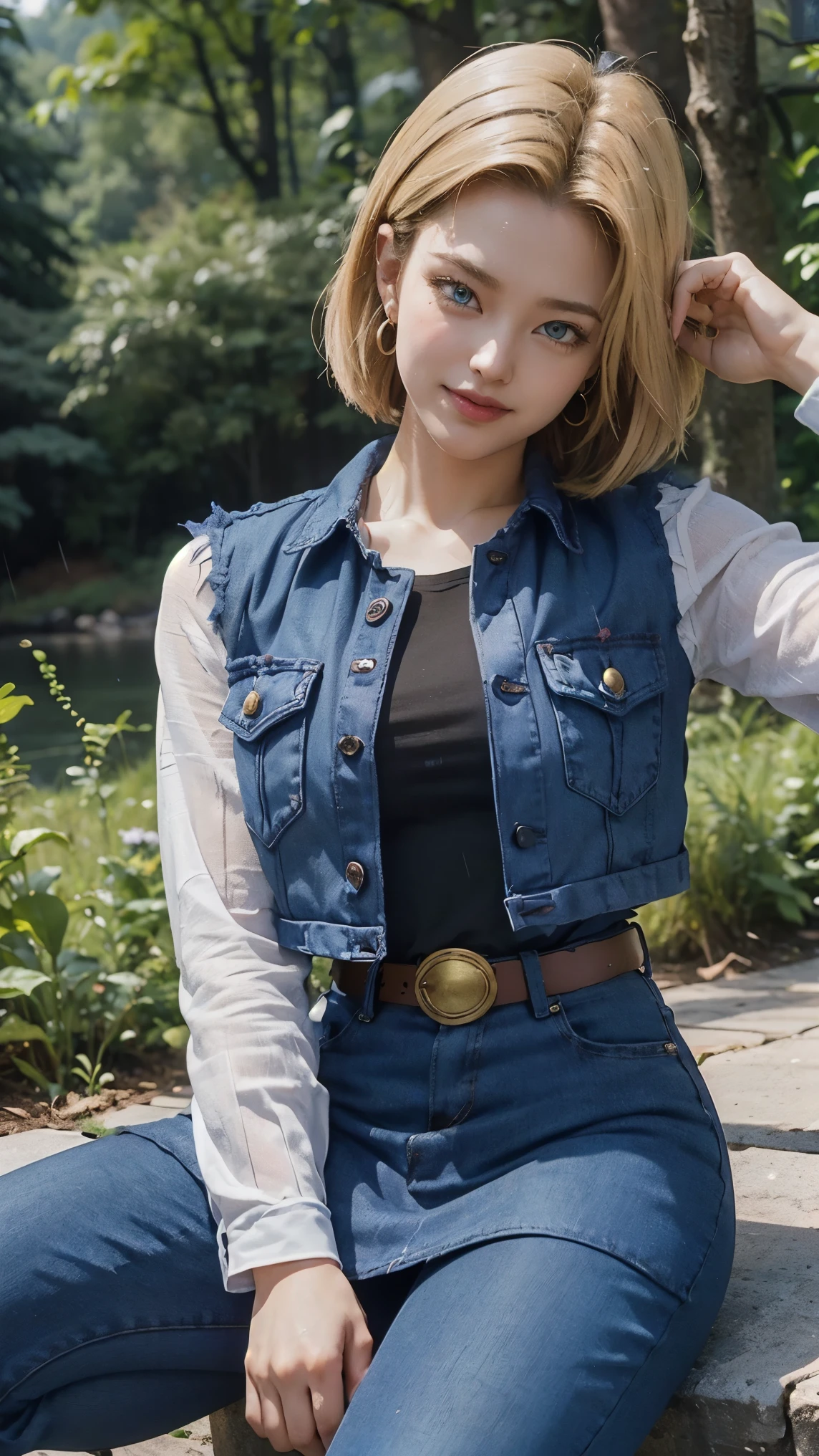 Android 18 da dragon ball,(best qualityer,4K,8k,high resolution,work of art:1.2)(weather: raining), Mondstadt forest background, forest road, black top, striped sleeves, cropped open denim vest, belt, tight denim mini skirt, black pantyhose, brown boots, loop earrings, cheek mole, short straight hair, short blonde hair, ultra detailed, realistic, portrait,beautiful detailed sapphire blue eyes, glowing eyes,blush,beautiful detailed lips,extremely detailed eye and face, long eyelashes,sexy,average, large breasts,beaming smile, sexy smile, powerful girl, flirty pose, stunning curves, bright coloured, dramatic lighting, forest ruins, torn clothes,