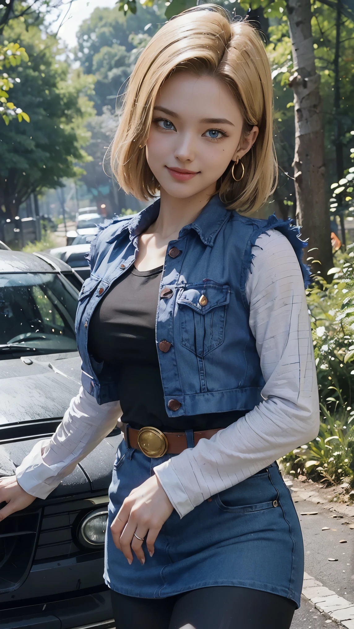 Android 18 da dragon ball,(best qualityer,4K,8k,high resolution,work of art:1.2)(weather: raining), Mondstadt forest background, forest road, black top, striped sleeves, cropped open denim vest, belt, tight denim mini skirt, black pantyhose, brown boots, loop earrings, cheek mole, short straight hair, short blonde hair, ultra detailed, realistic, portrait,beautiful detailed sapphire blue eyes, glowing eyes,blush,beautiful detailed lips,extremely detailed eye and face, long eyelashes,sexy,average, large breasts,beaming smile, sexy smile, powerful girl, flirty pose, stunning curves, bright coloured, dramatic lighting, forest ruins, torn clothes,