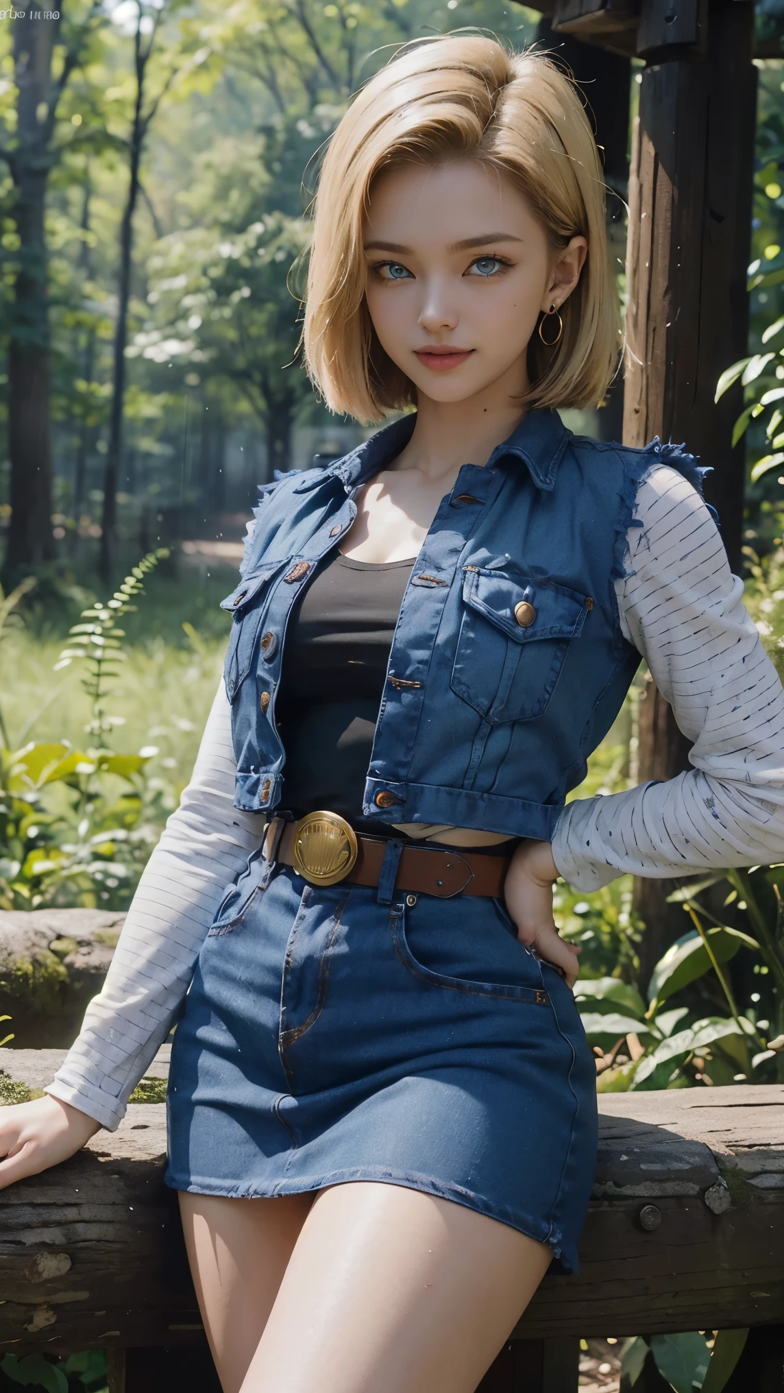 Android 18 da dragon ball,(best qualityer,4K,8k,high resolution,work of art:1.2)(weather: raining), Mondstadt forest background, forest road, black top, striped sleeves, cropped open denim vest, belt, tight denim mini skirt, black pantyhose, brown boots, loop earrings, cheek mole, short straight hair, short blonde hair, ultra detailed, realistic, portrait,beautiful detailed sapphire blue eyes, glowing eyes,blush,beautiful detailed lips,extremely detailed eye and face, long eyelashes,sexy,average, large breasts,beaming smile, sexy smile, powerful girl, flirty pose, stunning curves, bright coloured, dramatic lighting, forest ruins, torn clothes,