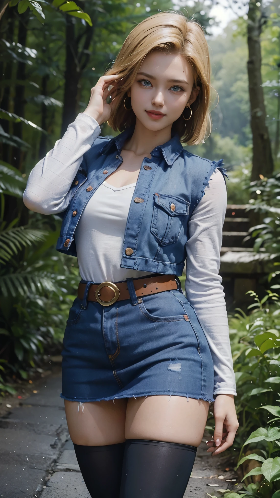 Android 18 da dragon ball,(best qualityer,4K,8k,high resolution,work of art:1.2)(weather: raining), Mondstadt forest background, forest road, black top, striped sleeves, cropped open denim vest, belt, tight denim mini skirt, black pantyhose, brown boots, loop earrings, cheek mole, short straight hair, short blonde hair, ultra detailed, realistic, portrait,beautiful detailed sapphire blue eyes, glowing eyes,blush,beautiful detailed lips,extremely detailed eye and face, long eyelashes,sexy,average, large breasts,beaming smile, sexy smile, powerful girl, flirty pose, stunning curves, bright coloured, dramatic lighting, forest ruins, torn clothes,