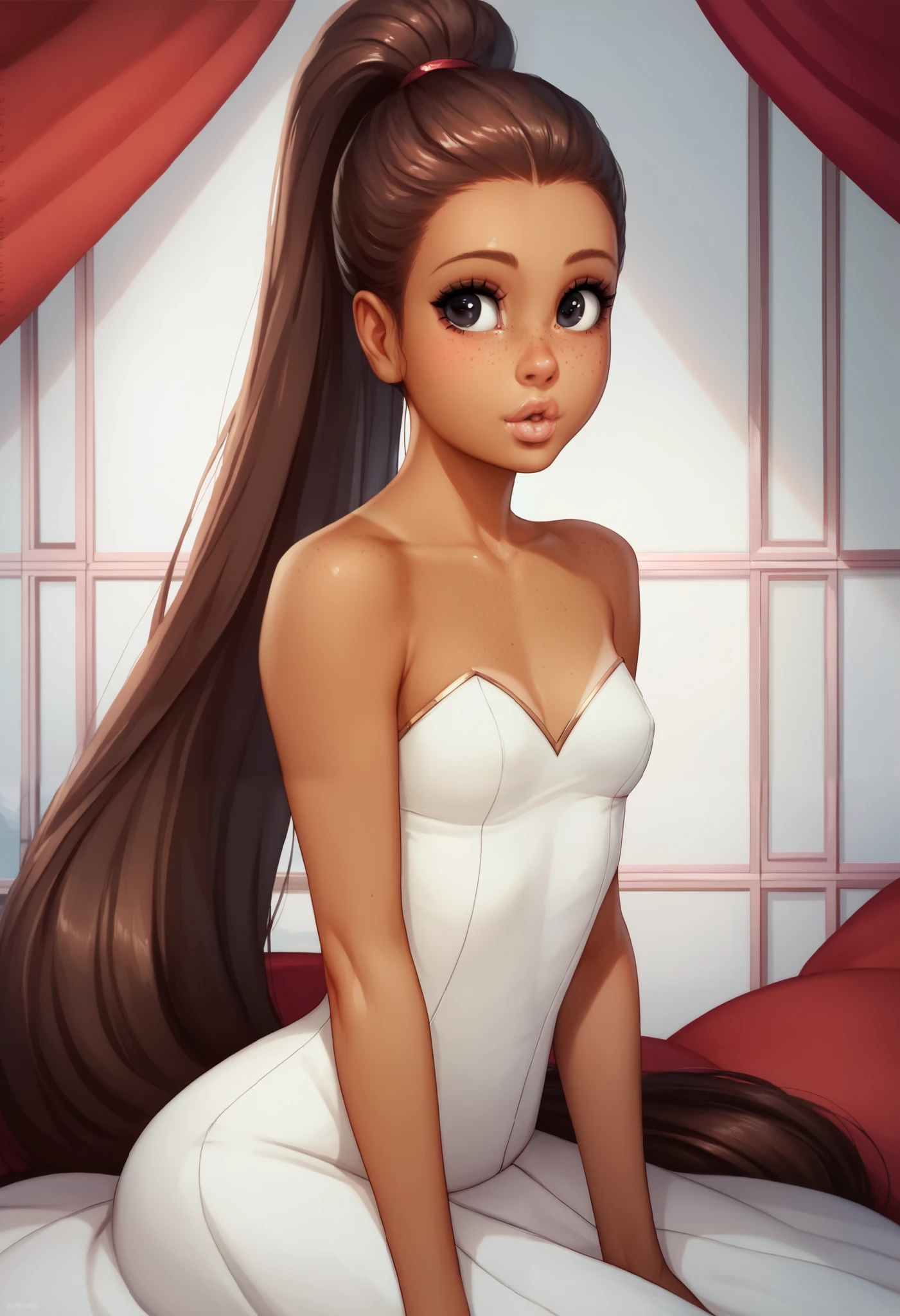 Ariana Grande, Long brown hair, light brown eyes, white leotard, black background, front View, looking camera, sexy pose