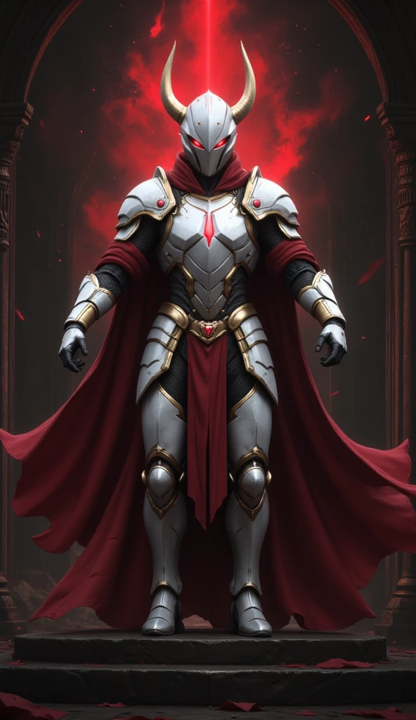  is possessed by a demon, a holy knight commander.一個成年男性的Full body image. muscular body .Wear white gold holy knight armor. Eyes Deep Red . standing inside a mysterious black and red church.Bold composition .Full body image