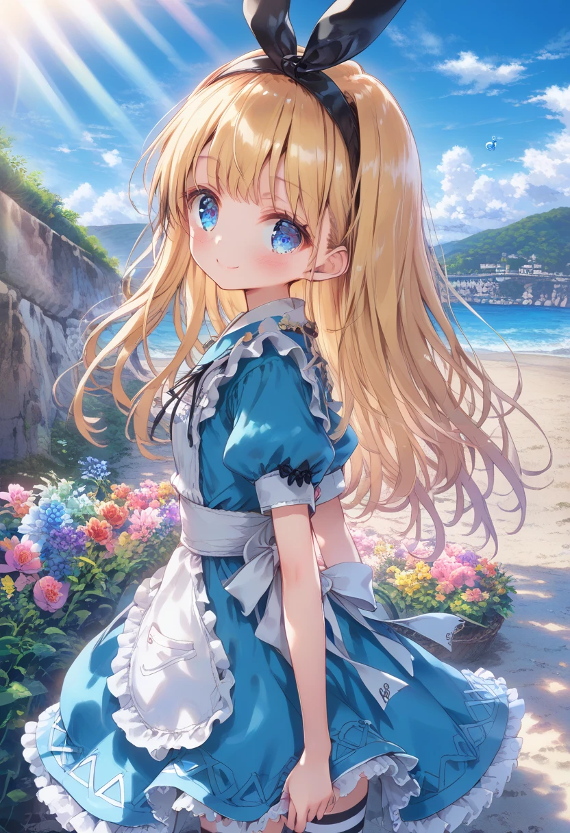 [   WAI-ANI-NSFW-PONYXL  :100],
score_9, score_8_up, score_7_up, score_6_up, score_5_up, score_4_up, masterpiece, best quality, source_anime,
alone,cute 1girl,(loli:1.2),blonde hair,straight long hair,blunt bangs,Black ribbon hairband,blue eyes,blush, smile,( Alice in Wonderland costume ), black and white striped stockings,pastel hues,walking in the seaside path,blurred edges,nostalgic mood,(dappled sunlight:1.2),blurry,(depth of field:1.1),Delicate rural landscape ,blue sky,arched back、 beautiful flower field on one side 、Look down and smile、 lift skirt after 、(beautiful detailed eyes),(I have a delicate and beautiful bouquet)