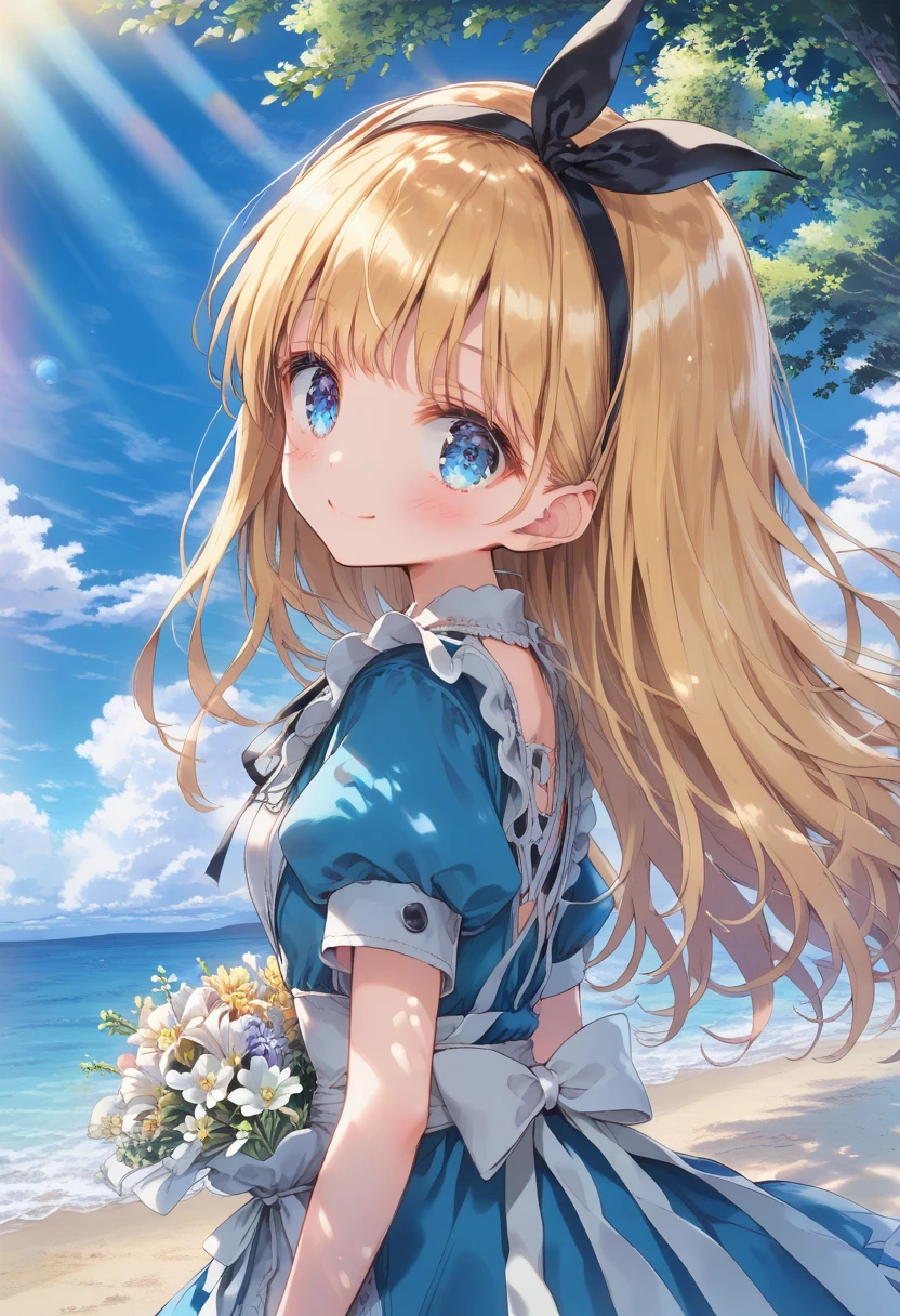 [   WAI-ANI-NSFW-PONYXL  :100],
score_9, score_8_up, score_7_up, score_6_up, score_5_up, score_4_up, masterpiece, best quality, source_anime,
alone,cute 1girl,(loli:1.1),blonde hair,straight long hair,blunt bangs,Black ribbon hairband,blue eyes,blush, smile,( Alice in Wonderland costume ), black and white striped stockings,pastel hues,walking in the seaside path,blurred edges,nostalgic mood,(dappled sunlight:1.2),blurry,(depth of field:1.1),Delicate rural landscape ,blue sky,arched back、 beautiful flower field on one side 、Look down and smile、 lift skirt after 、(beautiful detailed eyes),(I have a delicate and beautiful bouquet)