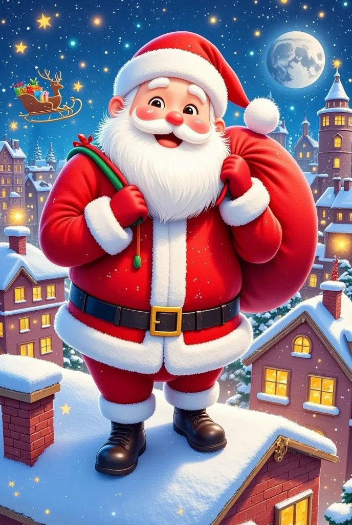 A Christmas movie poster ， Santa carrying a big bag on the roof， [Christmas Eve, LED，flash，Starlight， night view of the city，A reindeer in the air in the distance pulls a sleigh cart 