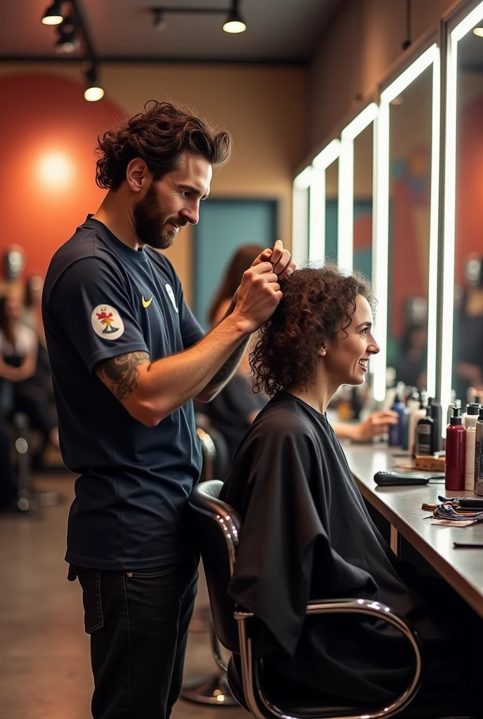 Beautiful australian woman sitting in a barber, barbershop is named “KEIM”, the interior is red and luxury, barber is a tall persian man with beard and smiling