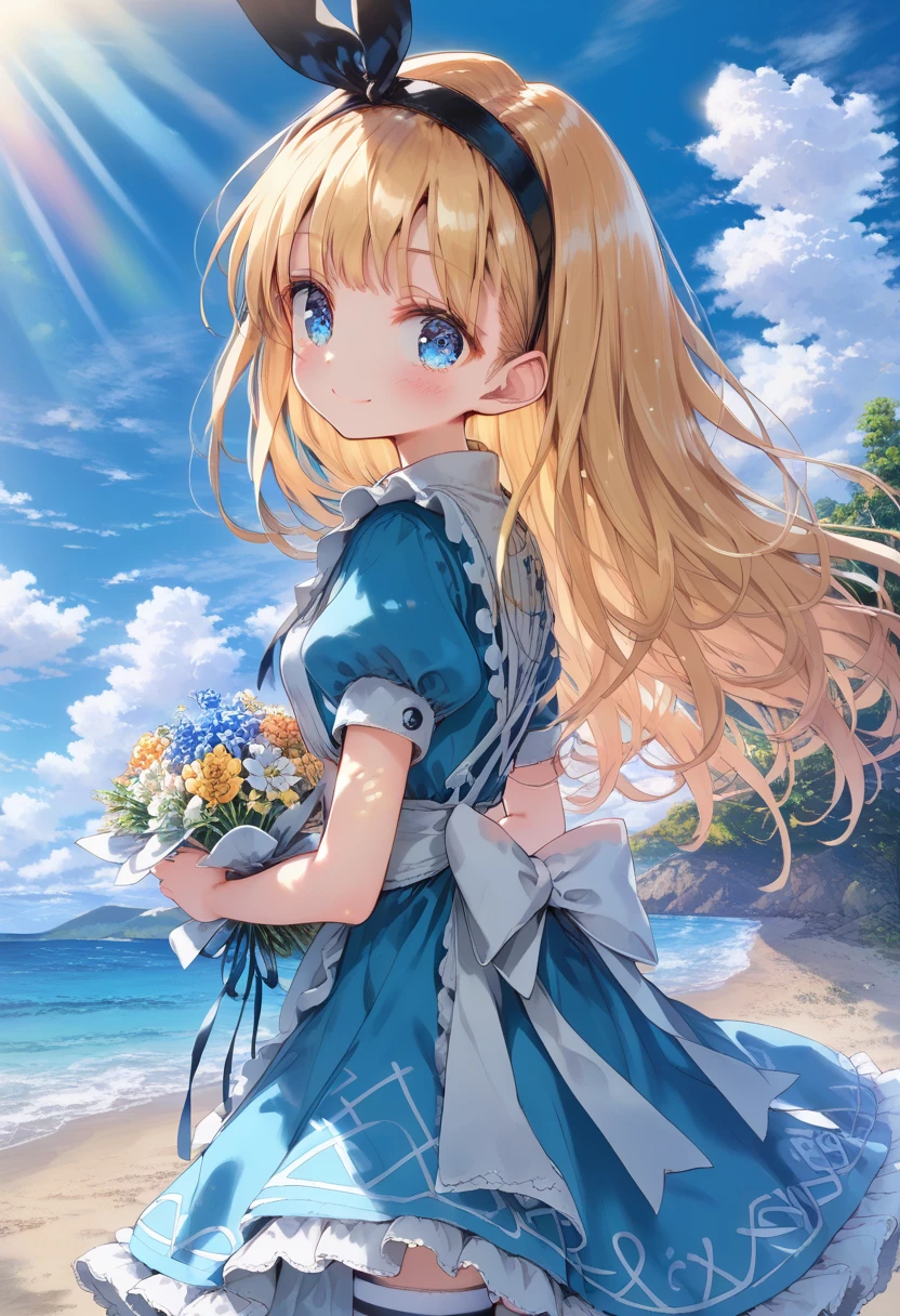 [   WAI-ANI-NSFW-PONYXL  :100],
score_9, score_8_up, score_7_up, score_6_up, score_5_up, score_4_up, masterpiece, best quality, source_anime,
alone,cute 1girl,(loli:1.1),blonde hair,straight long hair,blunt bangs,Black ribbon hairband,blue eyes,blush, smile,( Alice in Wonderland costume ), black and white striped stockings,pastel hues,walking in the seaside path,blurred edges,nostalgic mood,(dappled sunlight:1.2),blurry,(depth of field:1.1),Delicate rural landscape ,blue sky,arched back、 beautiful flower field on one side 、Look down and smile、 lift skirt after 、(beautiful detailed eyes),(I have a delicate and beautiful bouquet)