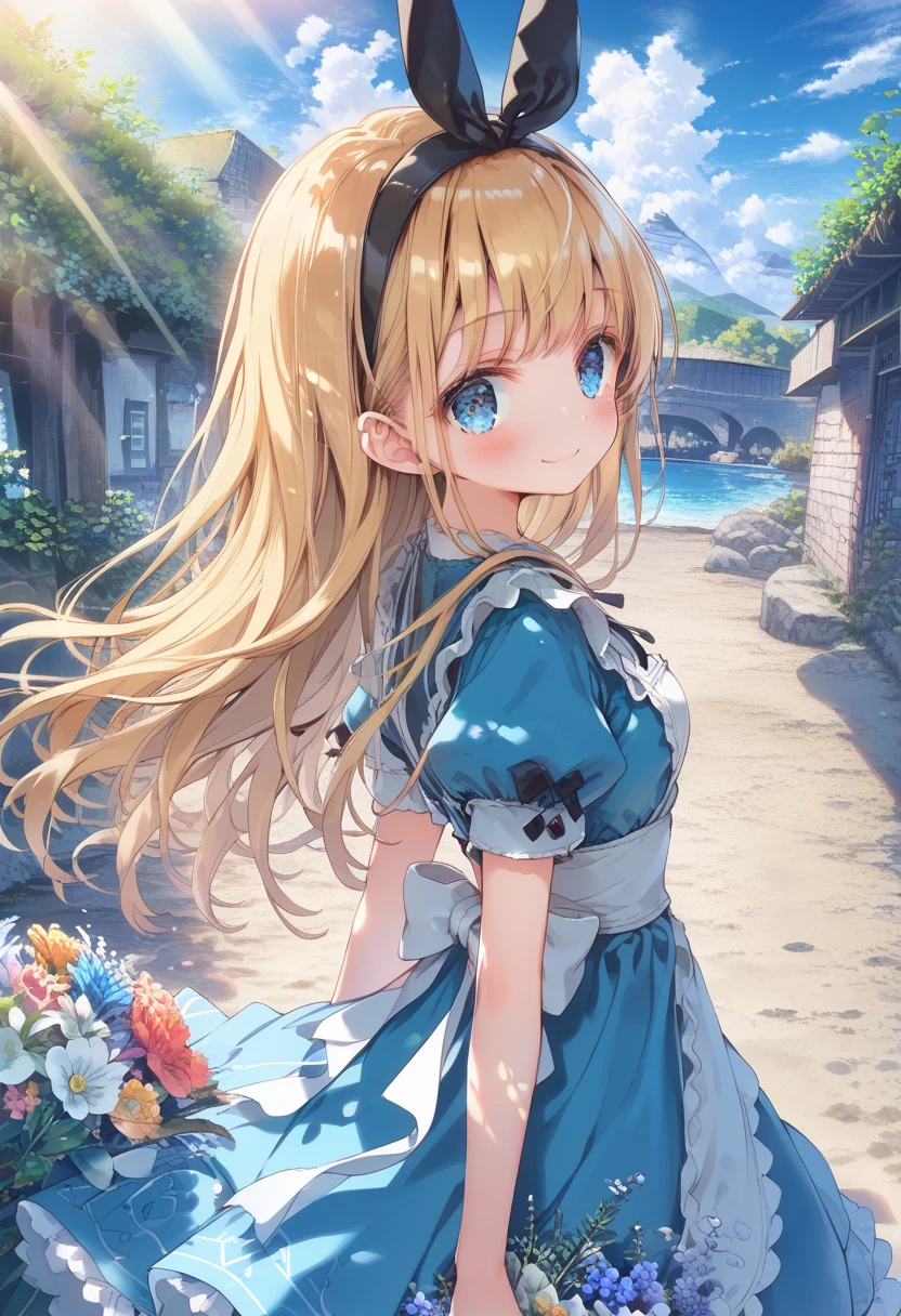 [   WAI-ANI-NSFW-PONYXL  :100],
score_9, score_8_up, score_7_up, score_6_up, score_5_up, score_4_up, masterpiece, best quality, source_anime,
alone,cute 1girl,(loli:1.1),blonde hair,straight long hair,blunt bangs,Black ribbon hairband,blue eyes,blush, smile,( Alice in Wonderland costume ), black and white striped stockings,pastel hues,walking in the seaside path,blurred edges,nostalgic mood,(dappled sunlight:1.2),blurry,(depth of field:1.1),Delicate rural landscape ,blue sky,arched back、 beautiful flower field on one side 、Look down and smile、 lift skirt after 、(beautiful detailed eyes),(I have a delicate and beautiful bouquet)