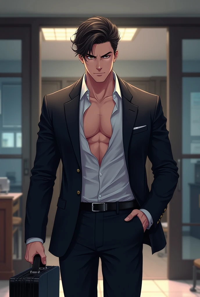 Man, looking handsome. Black outfit. Sexy. Possessively. Powerful. Smirk. Handsome. Hot. Sexy. Black hair. Brown eyes. Buffed.