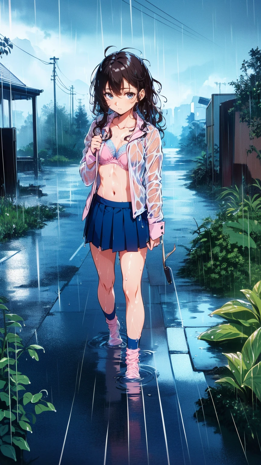 (rain:1.3),Under the elevated,   girl,  university student ,   wet body,(   wet hair :1.5),Wet Face, Brown Hair,  long hair,Rolling Waves,   small breasts,  wet long sleeve shirt,   pink lace bra  ,break,   PLEATED MINI SKIRT   ,break,  dark blue socks ,,   troubled face,,rain宿り,Knee