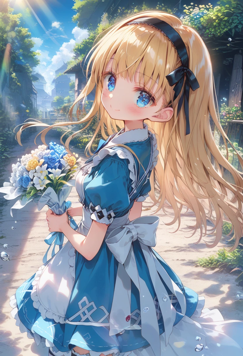 [   WAI-ANI-NSFW-PONYXL  :100],
score_9, score_8_up, score_7_up, score_6_up, score_5_up, score_4_up, masterpiece, best quality, source_anime,
alone,cute 1girl,(loli:1.1),blonde hair,straight long hair,blunt bangs,Black ribbon hairband,blue eyes,blush, smile,( Alice in Wonderland costume ), black and white striped stockings,pastel hues,walking in the seaside path,blurred edges,nostalgic mood,(dappled sunlight:1.2),blurry,(depth of field:1.1),Delicate rural landscape ,blue sky,arched back、 beautiful flower field on one side 、Look down and smile、 lift skirt after 、(beautiful detailed eyes),(I have a delicate and beautiful bouquet)