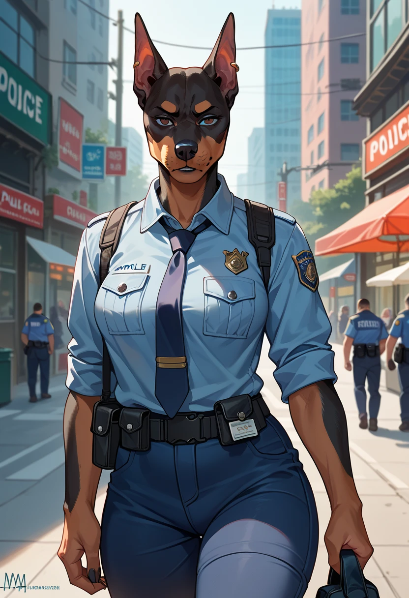 anthro, african wild dog, solo, female, adult, police uniform, realistic fur, detailed background, street background, realistic, photorealistic, ultra realistic, 8k,