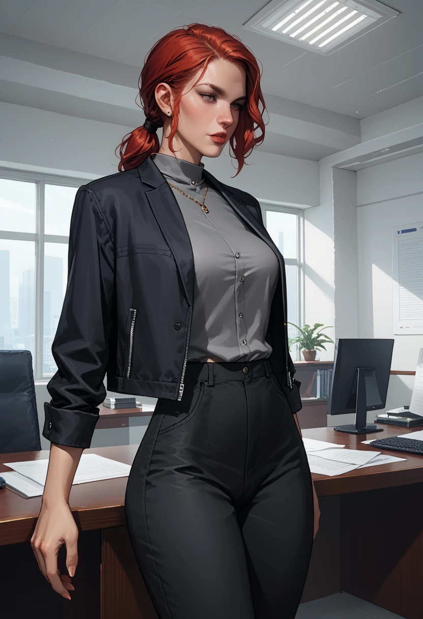 Score_9, score_8_up, score_7_up, 1woman, Courtney Hope, red hair, in low loose ponytail, fitted 3/4 cropped black jacket, tight grey shirt, skin-tight black pants, (interior of 1950s office), (brutalist white architecture and design elements), J3sse