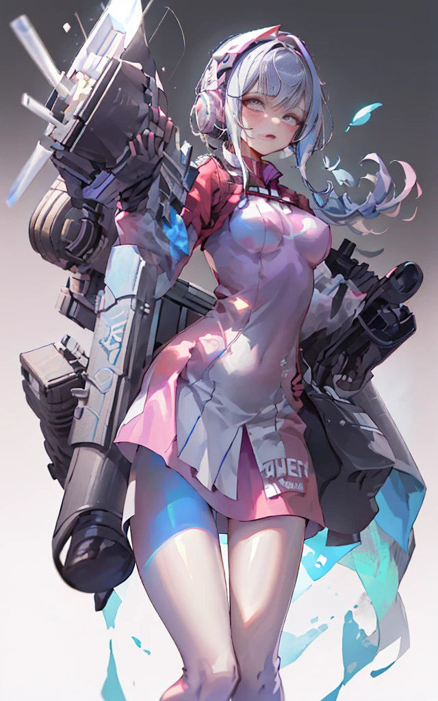 (cyber punk), (nikke), (top quality:1.2, masterpiece:1.4, EXQUISITE RENDERING :1.3), ((A girl carrying a weapon that looks like a feather on her back:1.2)), (Clear eyes,  glossy lips , pretty face), ((  ARMS CONVERTED TO LASER CANNON:1.4)), (  WITH LASER CANNON :1.4), ((Blue long dress:1.8)), (  EXQUISITE PAINTED DRESS  ),   MECHANIZED ANIMATION MACHINE GUN FIRE ,  A warring sniper girl  , Soldier Girl,  FEMALE ACTION ANIMATION ANIMATION GIRL , Neon City,  POST APOCALYPSE ART ,  androgynous ,  mixed media ,  blue legwear , Analog Horror,Nightmare Fuel,  seductively beautiful ,  Beautiful and Evil ,  ((Fighting Pose:1.5)), (full body photo :1.2)、((black background:1.6)),