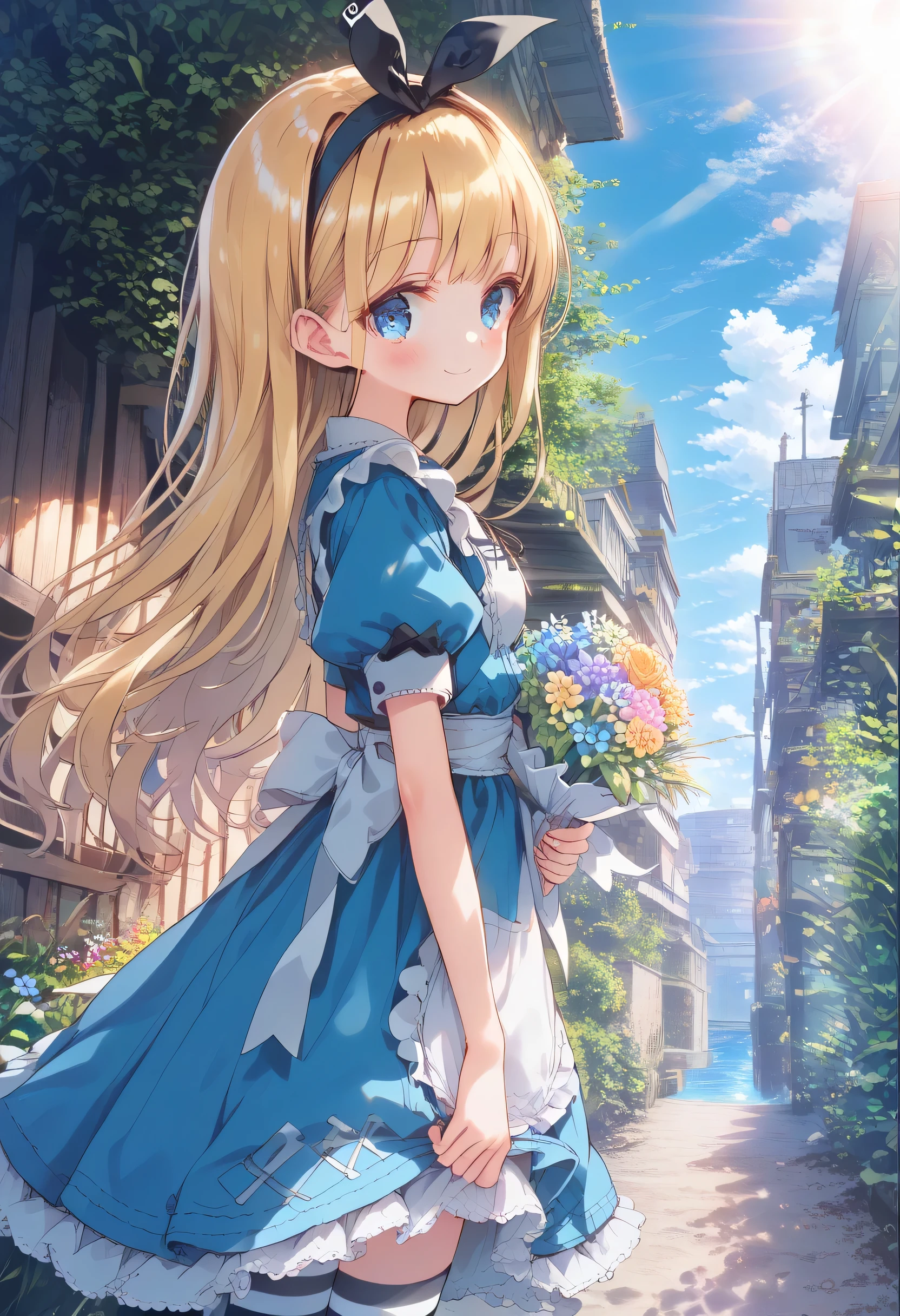 [   WAI-ANI-NSFW-PONYXL  :100],
score_9, score_8_up, score_7_up, score_6_up, score_5_up, score_4_up, masterpiece, best quality, source_anime,
alone,cute 1girl,(loli:1.1),blonde hair,straight long hair,blunt bangs,Black ribbon hairband,blue eyes,blush, smile,( Alice in Wonderland costume ), black and white striped stockings,pastel hues,walking in the seaside path,blurred edges,nostalgic mood,(dappled sunlight:1.2),blurry,(depth of field:1.1),Delicate rural landscape ,blue sky,arched back、 beautiful flower field on one side 、Look down and smile、 lift skirt after 、(beautiful detailed eyes),(I have a delicate and beautiful bouquet)