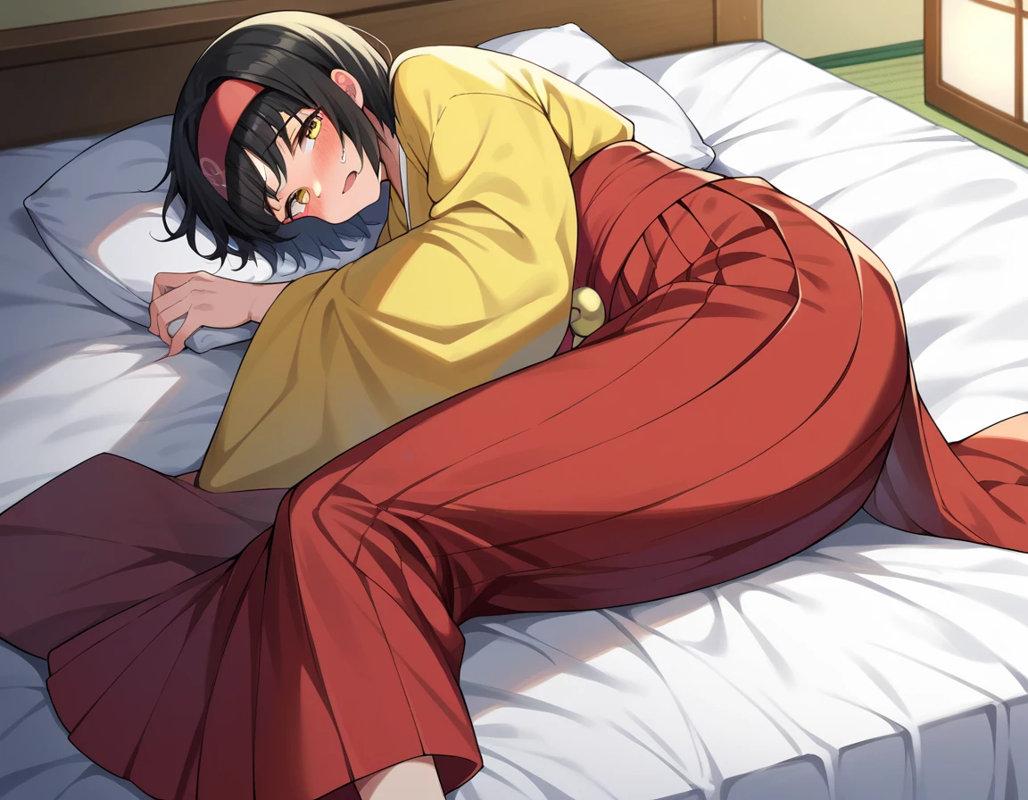 score_9, score_8_up, score_7_up, source_anime,
pokemonerika, pokemonerika, yellow eyes, black hair, headband, short hair,
japanese clothes, kimono, hakama, red hakama, long sleeves, wide sleeves,
indoors, bed, bed room, on side, blush, drunk,
looking at viewer, cowboy shot, dutch angle,