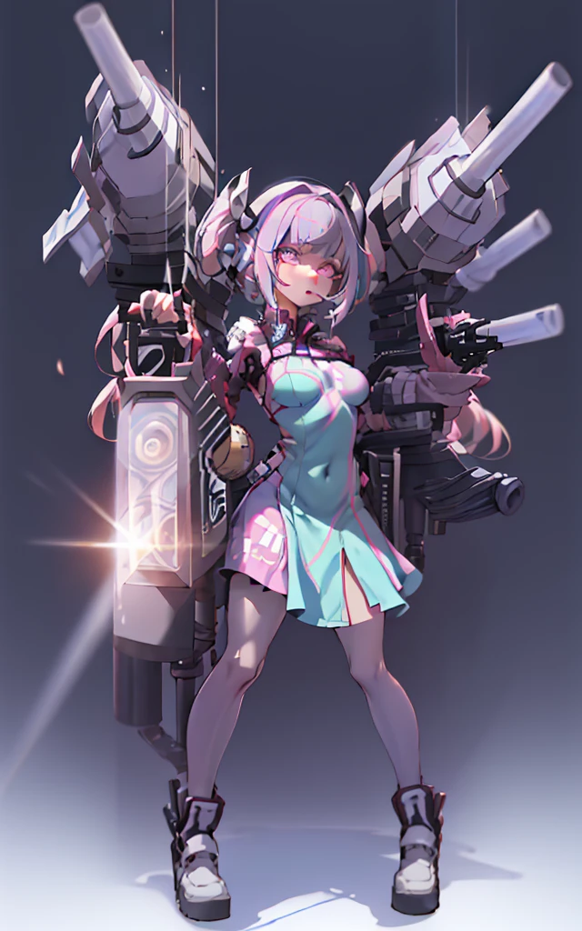 (cyber punk), (nikke), (top quality:1.2, masterpiece:1.4, EXQUISITE RENDERING :1.3), ((A girl carrying a weapon that looks like a feather on her back:1.2)), (Clear eyes,  glossy lips , pretty face), ((  ARMS CONVERTED TO LASER CANNON:1.4)), (  WITH LASER CANNON :1.4), ((Blue long dress:1.8)), (  EXQUISITE PAINTED DRESS  ),   MECHANIZED ANIMATION MACHINE GUN FIRE ,  A warring sniper girl  , Soldier Girl,  FEMALE ACTION ANIMATION ANIMATION GIRL , Neon City,  POST APOCALYPSE ART ,  androgynous ,  mixed media ,  blue legwear , Analog Horror,Nightmare Fuel,  seductively beautiful ,  Beautiful and Evil ,  ((Fighting Pose:1.5)), (full body photo :1.2)、((black background:1.6)),