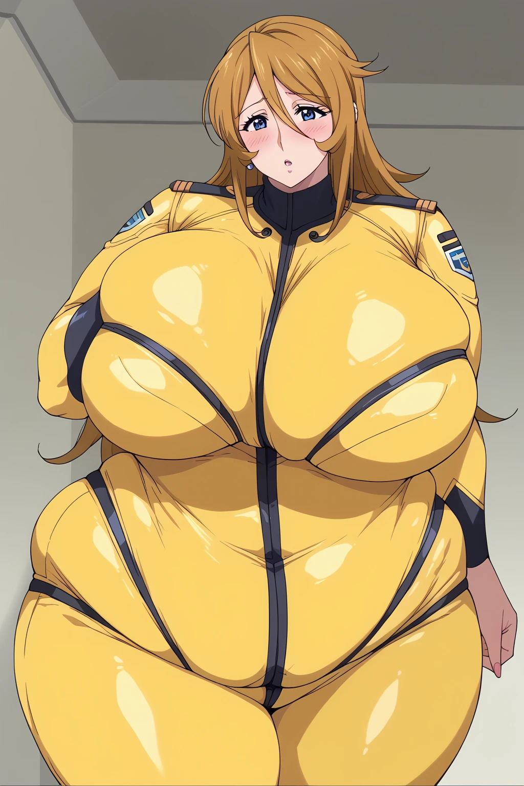 Yuki Mori,yuki mori,  yellow bodysuit、 score_9,  score_8_up、 score_7_up、 score_6_up、 score_5_up、 score_4_up、 Masterpiece、 top quality,wen/anime anime screencap,  one woman、Alone、 personal 、Super huge breasts, ((( super huge clevis, Super huge, Super huge boob))), Curvy、  chubby 、Mature Woman, obese body type,blush、Shy woman、 king bang 