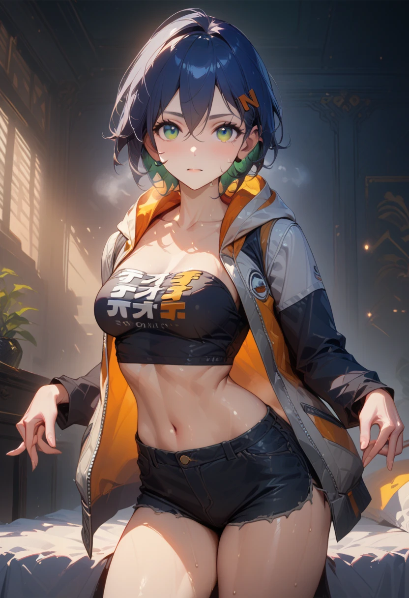 masterpiece,best quality,high resolution,8k,ultra HD,wallpaper,illustration,perfect face,cowboy shot,beautiful detailed eyes,extremely detailed face,perfect lighting,extremely detailed CG,perfect hands,perfect anatomy,perfect body,perfect hands,perfect fingers,1woman,full body,,muscle fighter body,Blue short hair,light green eyes,large breasts,Medium ass,medium nipples,(black tube top with open white hood jacket),black denim short pants,,,collarbone,,looking at viewer, (),Steam,sweat,on the bed,(Zenless Zone Zero character Belle),