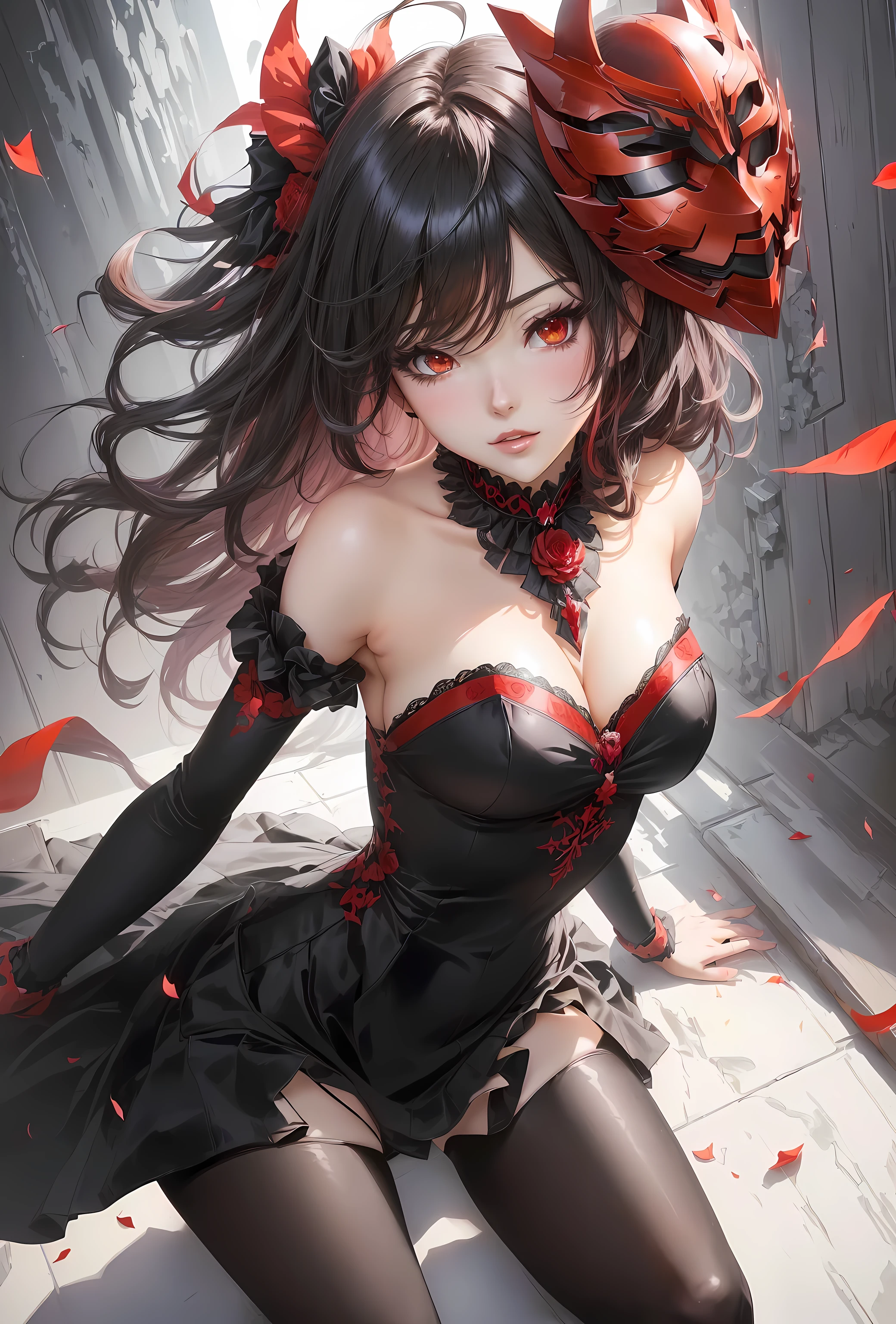 slender, mature female,rose, red_rose, red_flower, flower, 1girl, breasts, rose_petals, cleavage, long_hair, rating:safe, large_breasts, black_rose, dress, black_dress, solo, thorns, camellia, choker, looking_at_viewer, collarbone, very_long_hair, pink_rose, petals, long_sleeves, bare_shoulders, sitting, red_eyes, black_flower, brown_eyes, blush, bangs, sidelocks, black_hair, piercing, parted_lips, closed_mouth, purple_rose, jacket, ear_piercing, spider_lily, belt, earrings, jewelry, long_dress, brown_hair, thighs