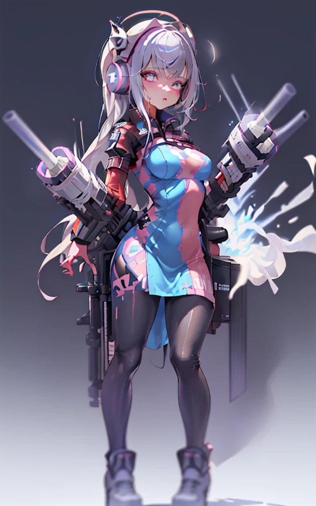 (cyber punk), (nikke), (top quality:1.2, masterpiece:1.4, EXQUISITE RENDERING :1.3), ((A girl carrying a weapon that looks like a feather on her back:1.2)), (Clear eyes,  glossy lips , pretty face), ((  ARMS CONVERTED TO LASER CANNON:1.4)), (  WITH LASER CANNON :1.4), ((Blue long dress:1.8)), (  EXQUISITE PAINTED DRESS  ),   MECHANIZED ANIMATION MACHINE GUN FIRE ,  A warring sniper girl  , Soldier Girl,  FEMALE ACTION ANIMATION ANIMATION GIRL , Neon City,  POST APOCALYPSE ART ,  androgynous ,  mixed media ,  blue legwear , Analog Horror,Nightmare Fuel,  seductively beautiful ,  Beautiful and Evil ,  ((Fighting Pose:1.5)), (full body photo :1.2)、((black background:1.6)),