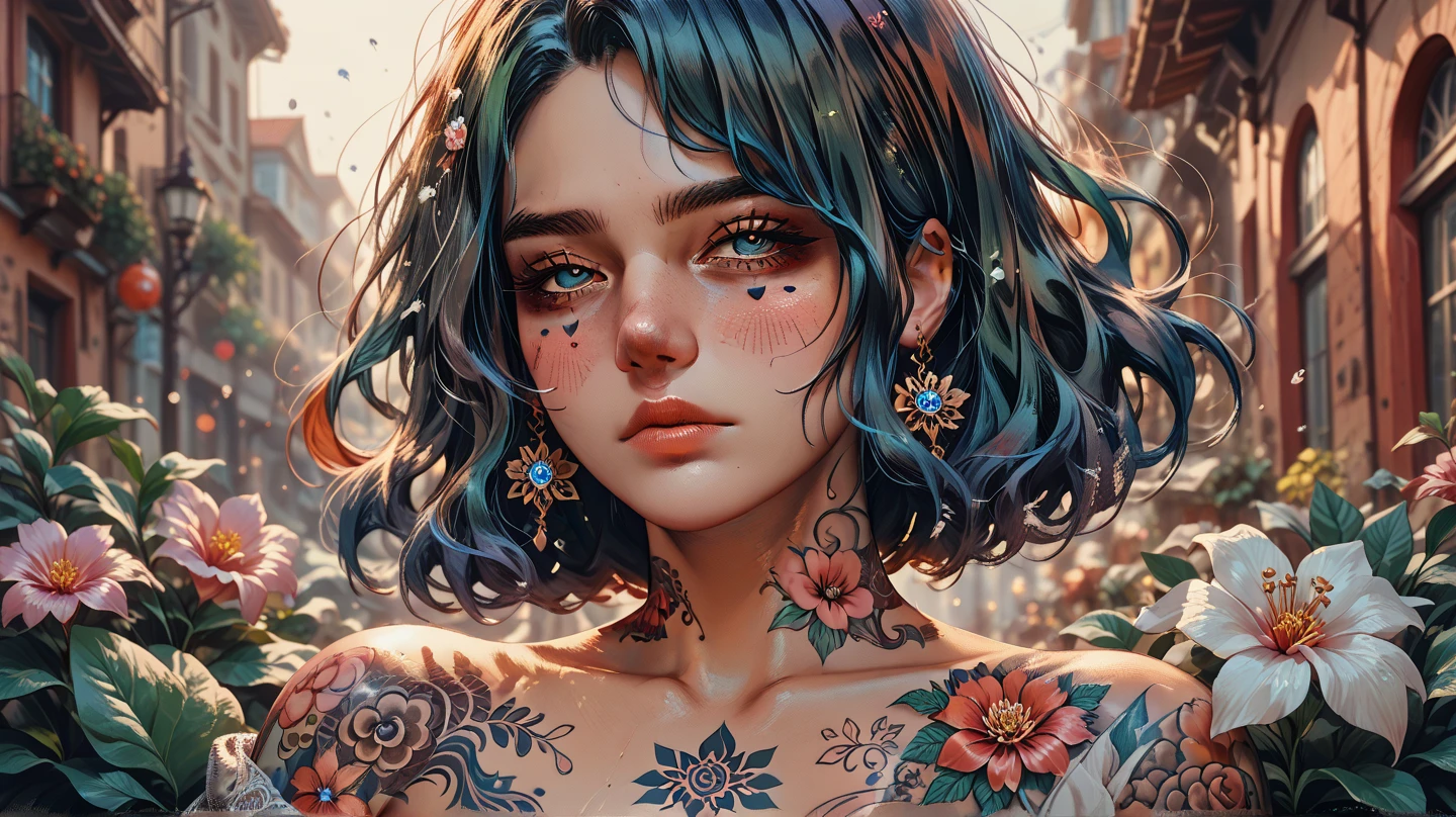 cute woman staring at the front、 bust up、 chest 、wind、 backlit、 eyes sparkle、Tattoos on the face、 sad expression