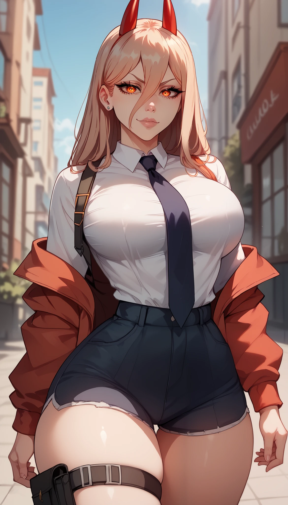 perfect eyes、 perfectly sexy face、 ultra detailed 、ultra perfect eyes、Power、Chainsaw Man、 shiny hair 、( Big breasts ), showing cleavage、 tight waist 、 thin waist 、 Thigh straps 、 shiny skin、Beleza、erotic、 looking at the viewer 、Power de Terno、