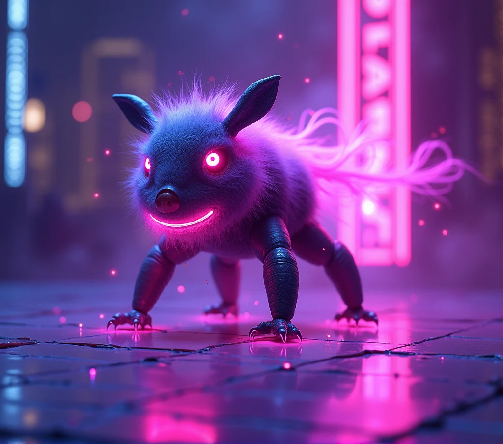 Furry, a purple cat with black eyes, black mouth, crying, crawling on wet asphalt, pressing his whole body to the asphalt, at night, on the road in the suburbs of an American city, in the middle of the road, covered in scratches, fear, fear,solo,full_body,night,horror,