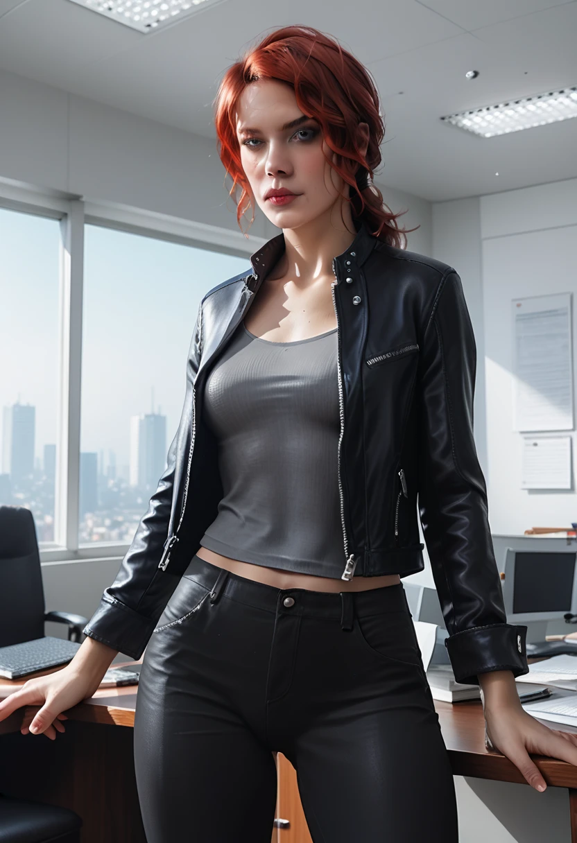 Score_9, score_8_up, score_7_up, source_real, realistic, photorealistic, 1woman, Courtney Hope, red hair, in low loose ponytail, fitted 3/4 cropped black jacket, tight grey shirt, skin-tight black pants, (interior of 1950s office), (brutalist white architecture and design elements), J3sse, d3t41l3d 