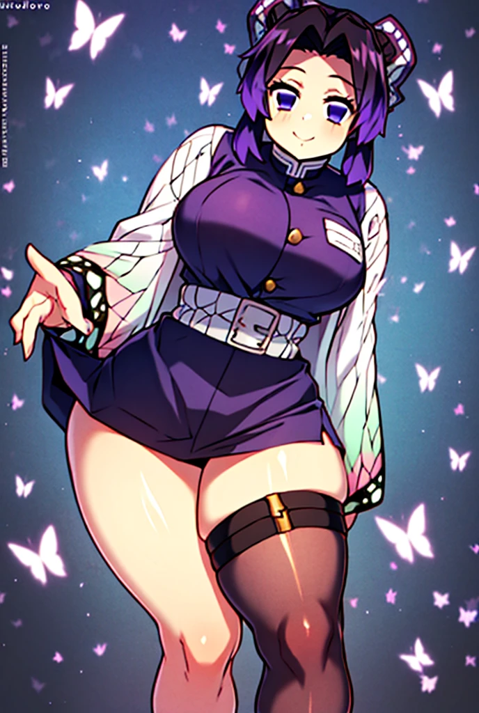 Shinobukochou_NDV, 1 girl,  purple eyes, Black and purple hair,  Japanese clothing ,  demon hunter uniform, aDorno De pelo De mariposa,  belt,  short skirt , thigh strap ,  thick thighs,  black jacket , voluptuous figure,