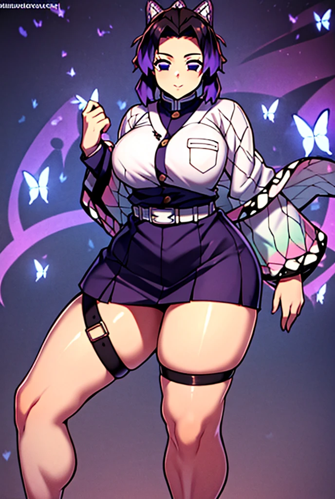 Shinobukochou_NDV, 1 girl,  purple eyes, Black and purple hair,  Japanese clothing ,  demon hunter uniform, aDorno De pelo De mariposa,  belt,  short skirt , thigh strap ,  thick thighs,  black jacket , voluptuous figure,